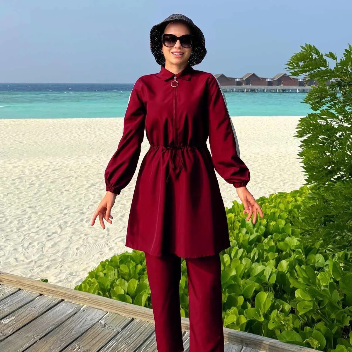 Sequin Detail Burgundy Modest Swimsuit 2-Piece Set – Adjustable Waist, Fast Drying, Elegant Design for Covered Beachwear Look,(KH-2073) - image 3