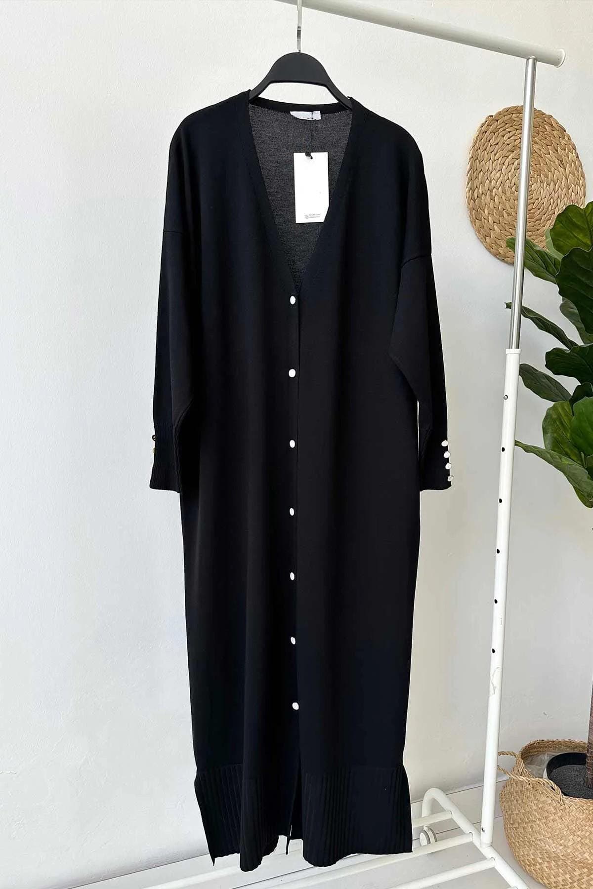 Elegant Black Maxi Length Buttoned Mercerized Cardigan - Chic Women's Long Knitwear - Stylish Black Cardigan for All Seasons,(KH-1804) - image 3