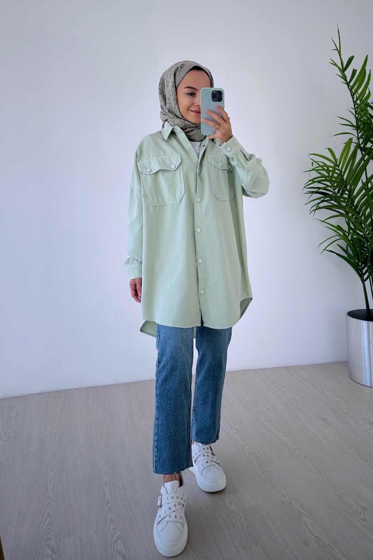 Nile Green Gabardine Tunic Shirt: Oversized Button-Up, Modest Fashion (Size 36-44) - image 3