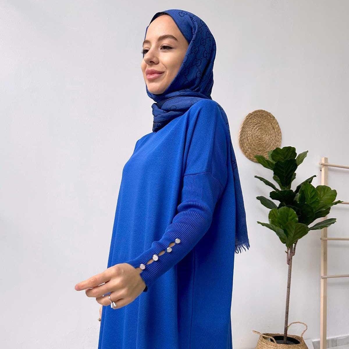Stylish Sax Blue Mercerized Tunic with Sleeve Detail - Elegant and Comfortable Modest Fashion for Women,(KH-1795) - image 3