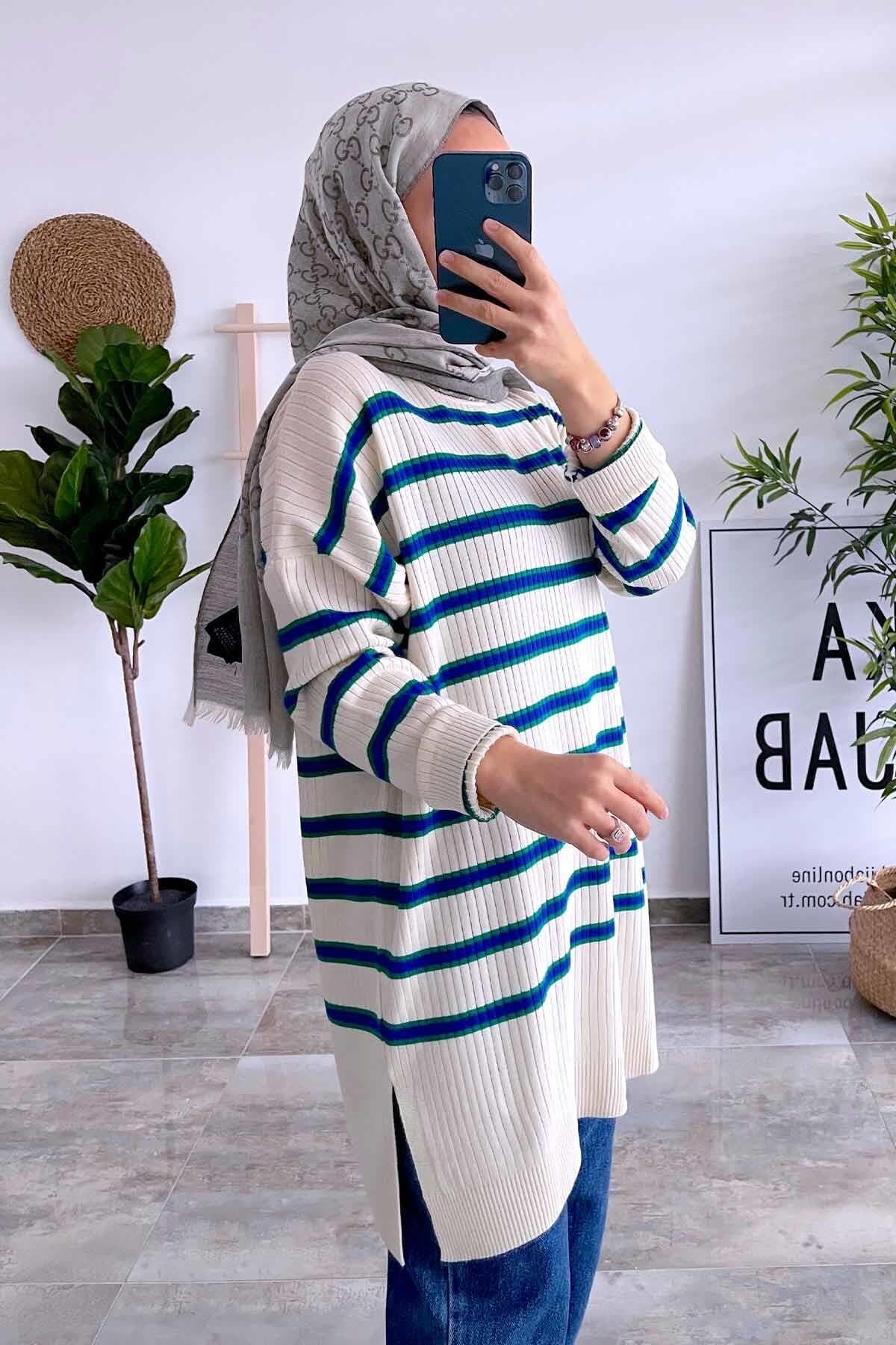 White and Blue Knitwear Tunic - Striped Longline Sweater for Women, Modest Fashion, Casual Chic, Perfect for All Seasons,(KH-1339) - image 4