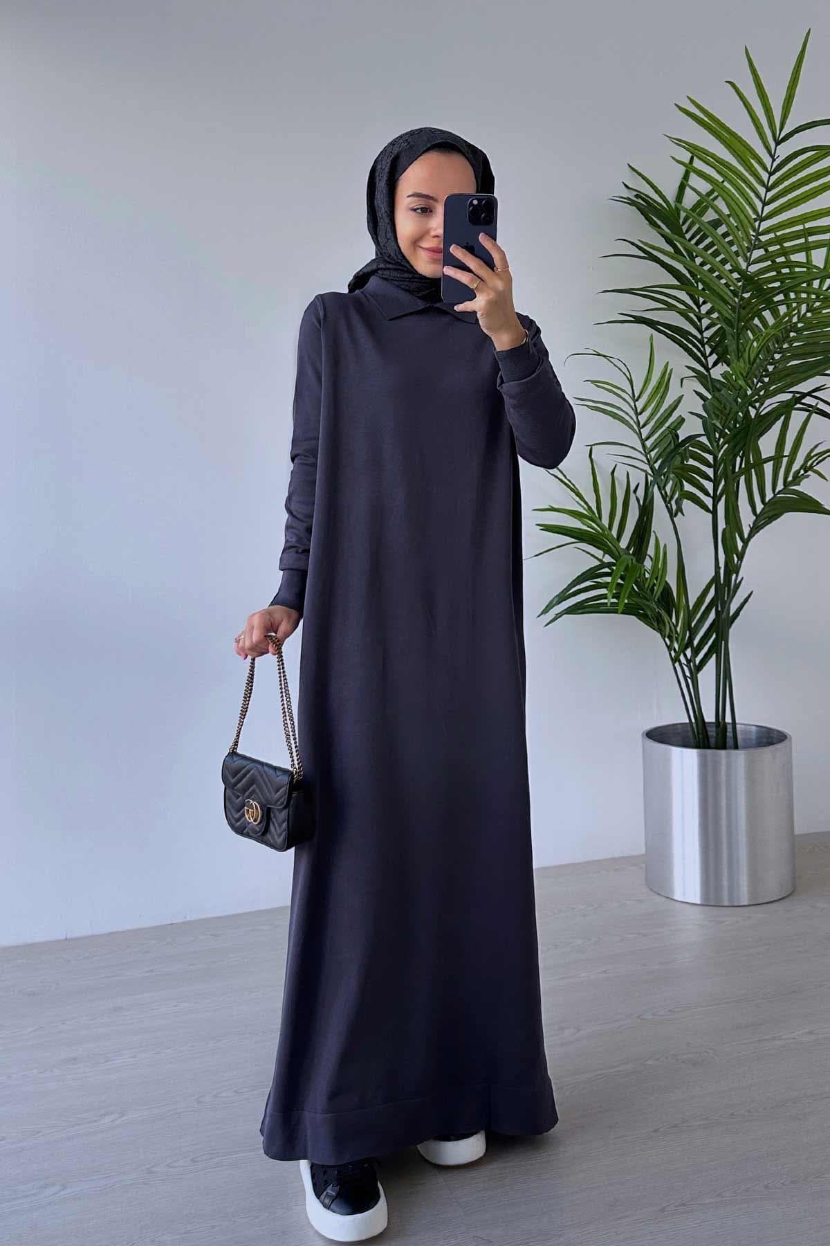 Elegant Shirt Collar Mercerized Dress for Modest Fashion - Smoky Gray Long-Sleeve Dress for Everyday & Special Occasions,(KH-2011) - image 4