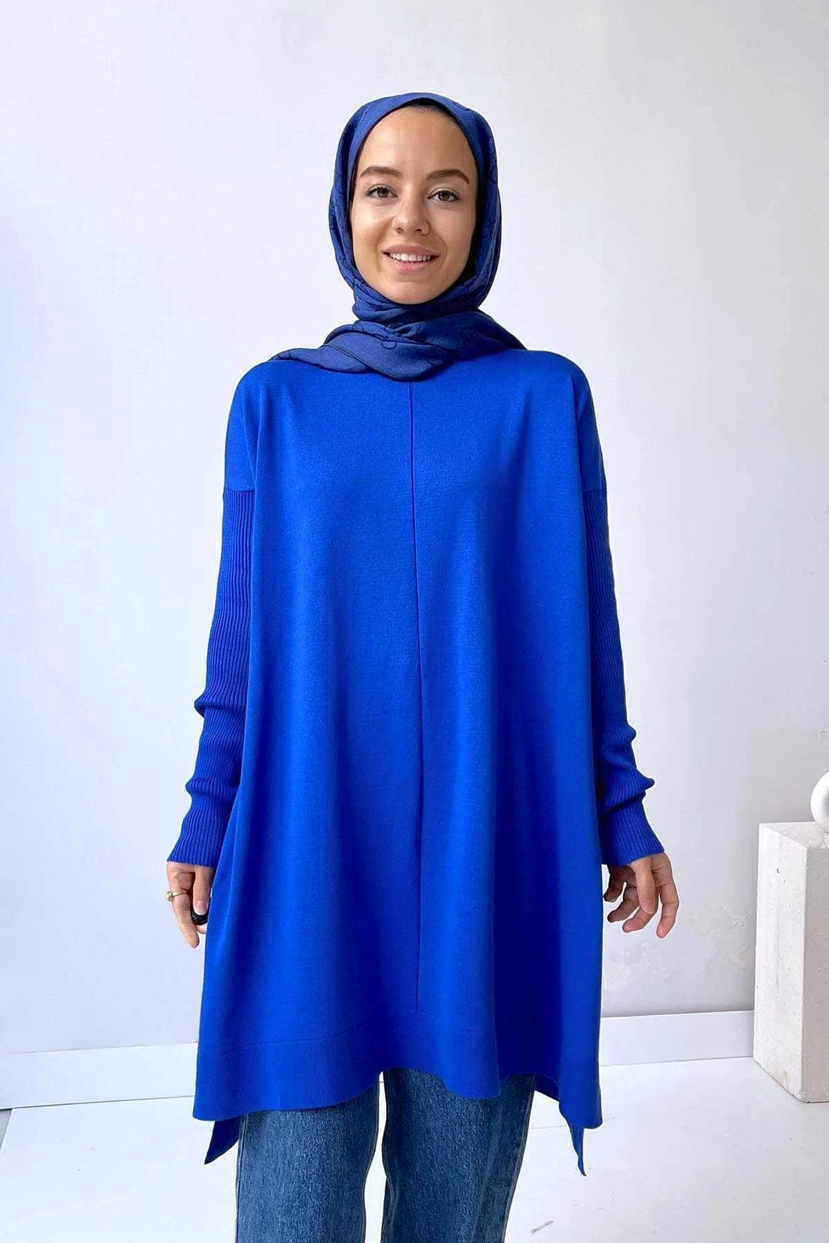 Sax Blue Mercerized Tunic for Women - Trendy Modest Wear with a Relaxed Fit, Side Slits, and Premium Fabric Quality,(KH-1747) - image 4