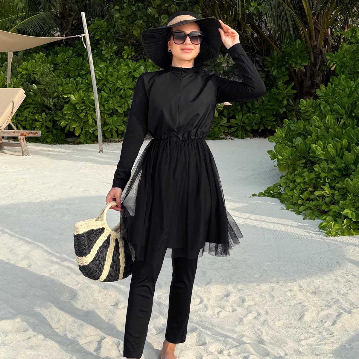 Black Modest Swimsuit with Tulle Skirt – Muslim Swimwear Full Body Coverage, Long Sleeve Burkini Set for Beach or Pool,(KH-1951) - image 3