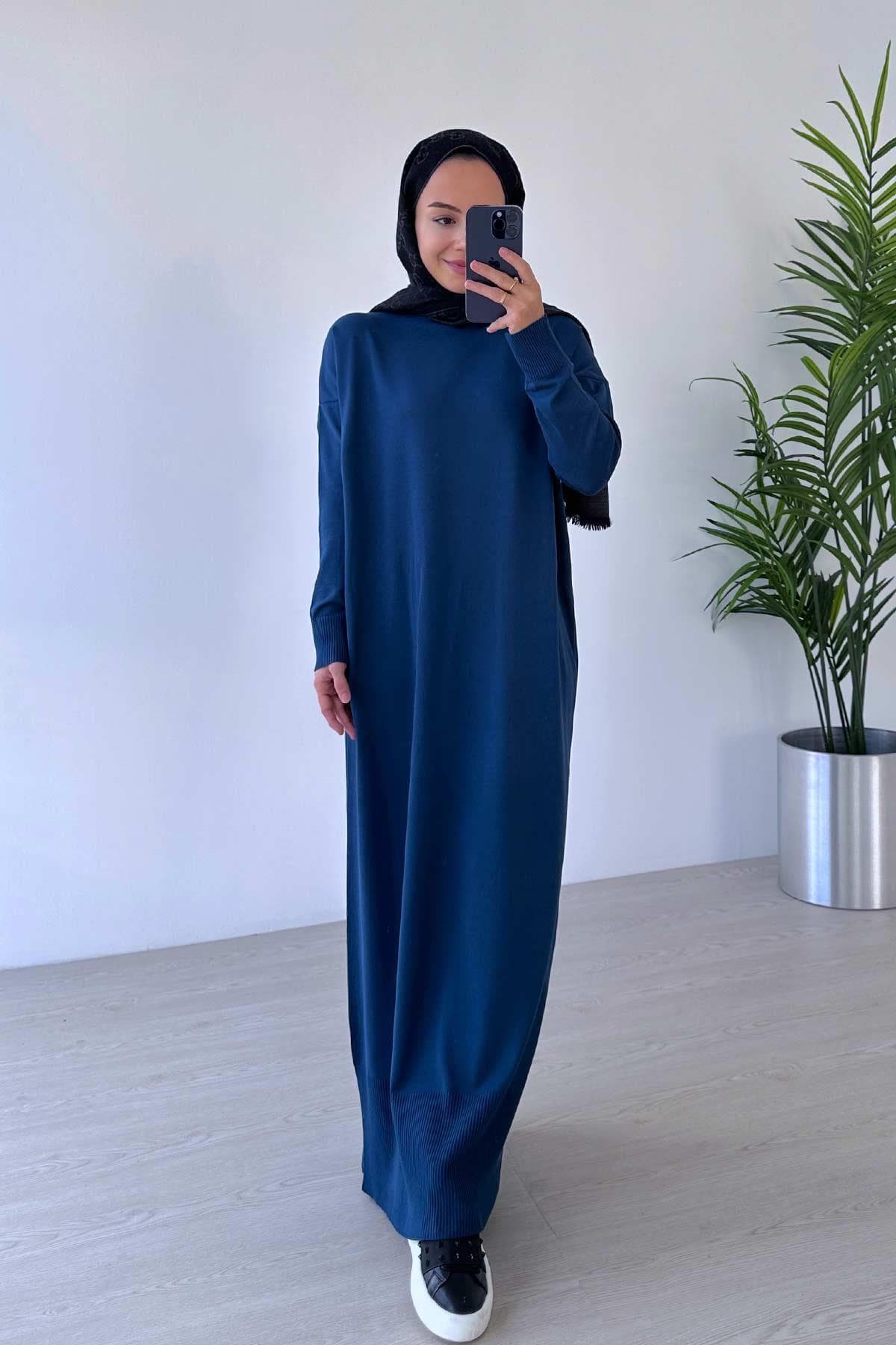 Petrol Blue Mercerized Knitwear Dress - Modest Long Sleeve Women’s Fashion for Casual - Formal Wear - Soft & Comfortable Outfit,(KH-1718) - image 5