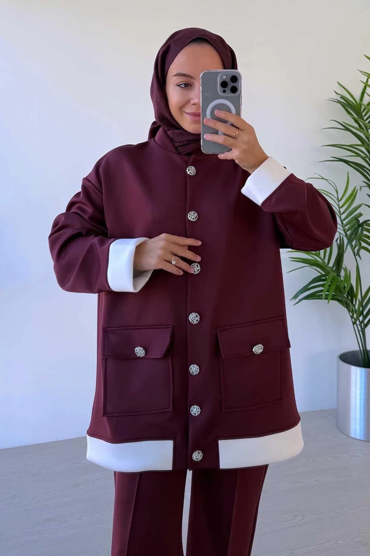 Elegant Burgundy Double Scuba Suit with Button Detail - Modest Fashion, Two-Piece Outfit for Everyday or Special Occasions,(KH-1991)