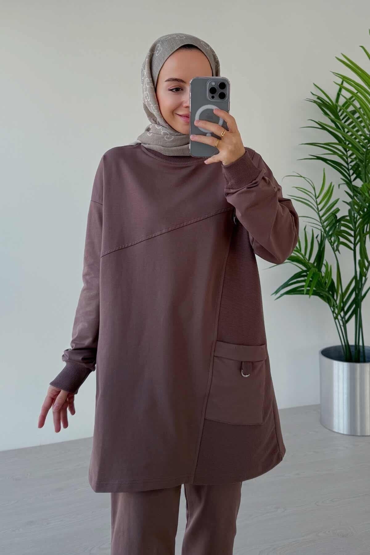 Brown Crew Neck Two Yarn Suit with Single Pocket | Comfortable Everyday Wear for Women | Stylish Modest Casual Outfit,(KH-2021)