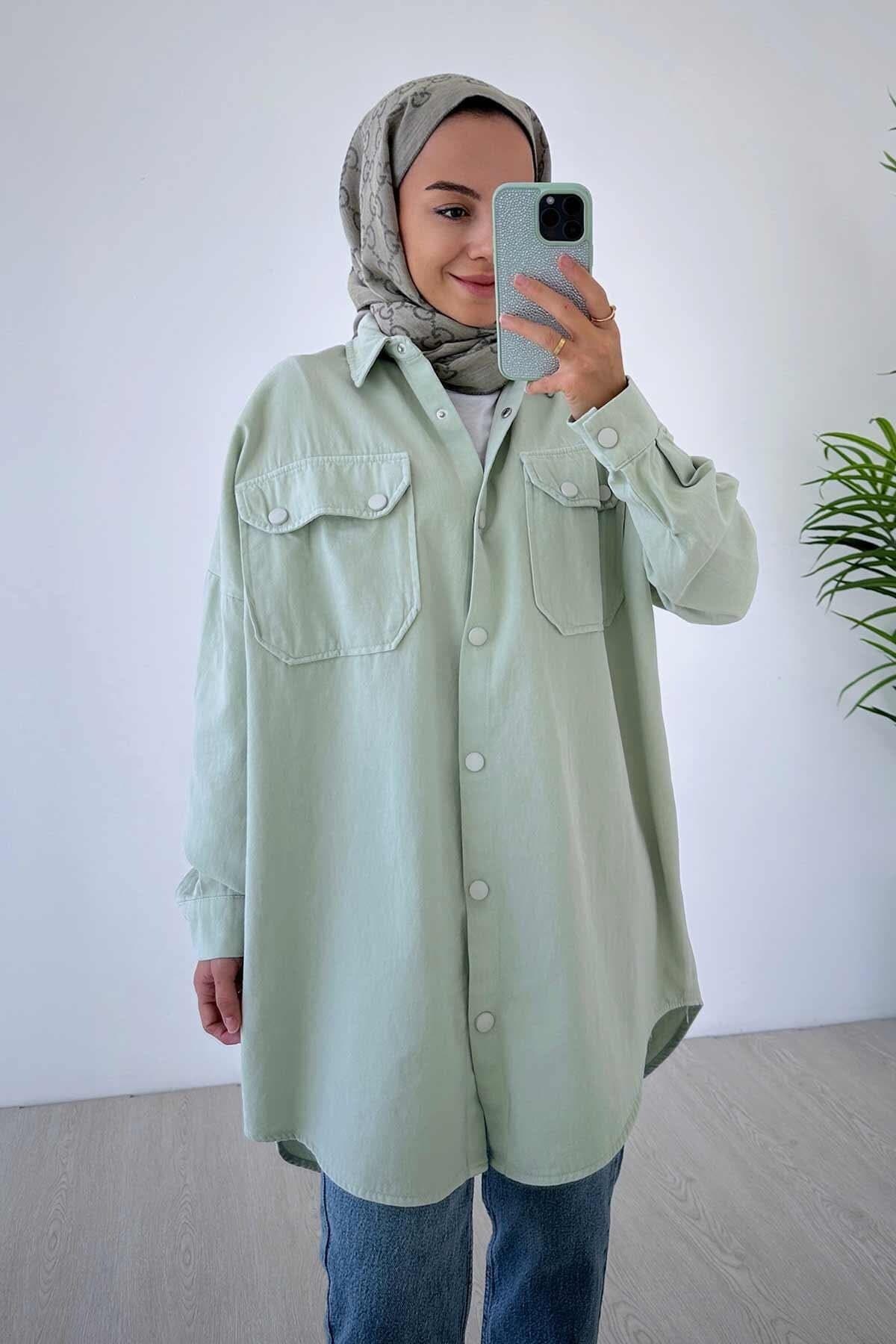 Nile Green Gabardine Tunic Shirt: Oversized Button-Up, Modest Fashion (Size 36-44)