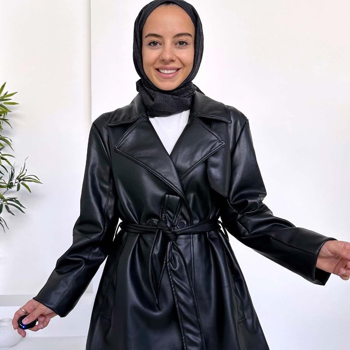 Belted Faux Leather Jacket for Women - Black PU Leather Blazer Coat with Side Pockets - Trendy Vegan Leather Outerwear,(KH-1882)