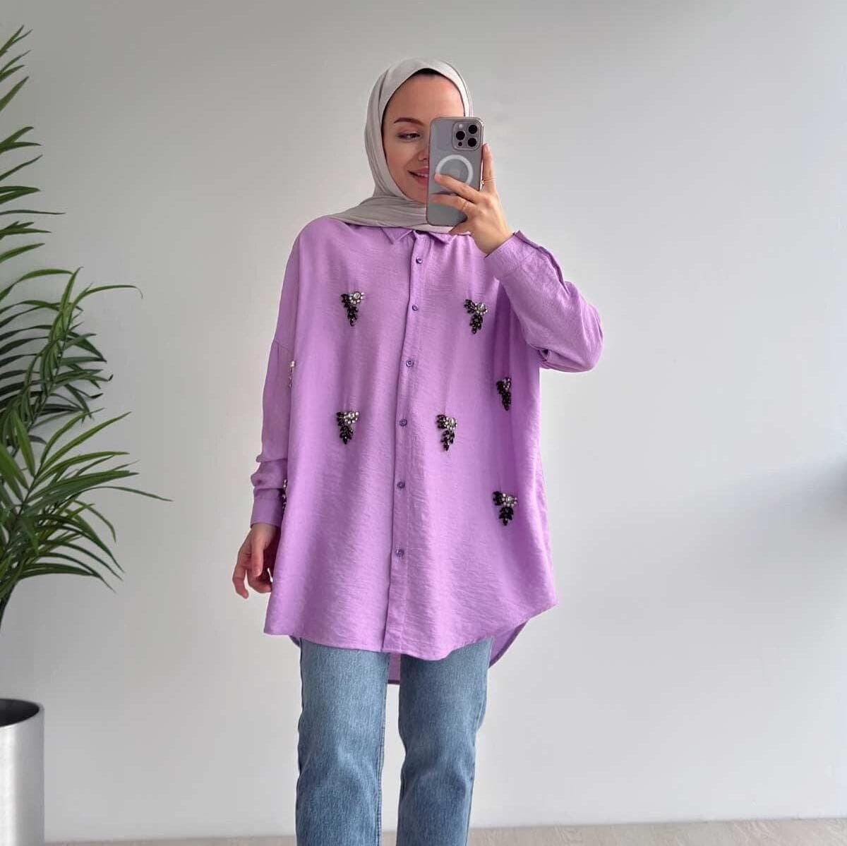 Elegant Stone Embroidered Low Sleeve Shirt | Modest Fashion Blouse | Long Sleeve Button-Up Tunic | Casual & Chic Women’s Shirt,(KH-2025)