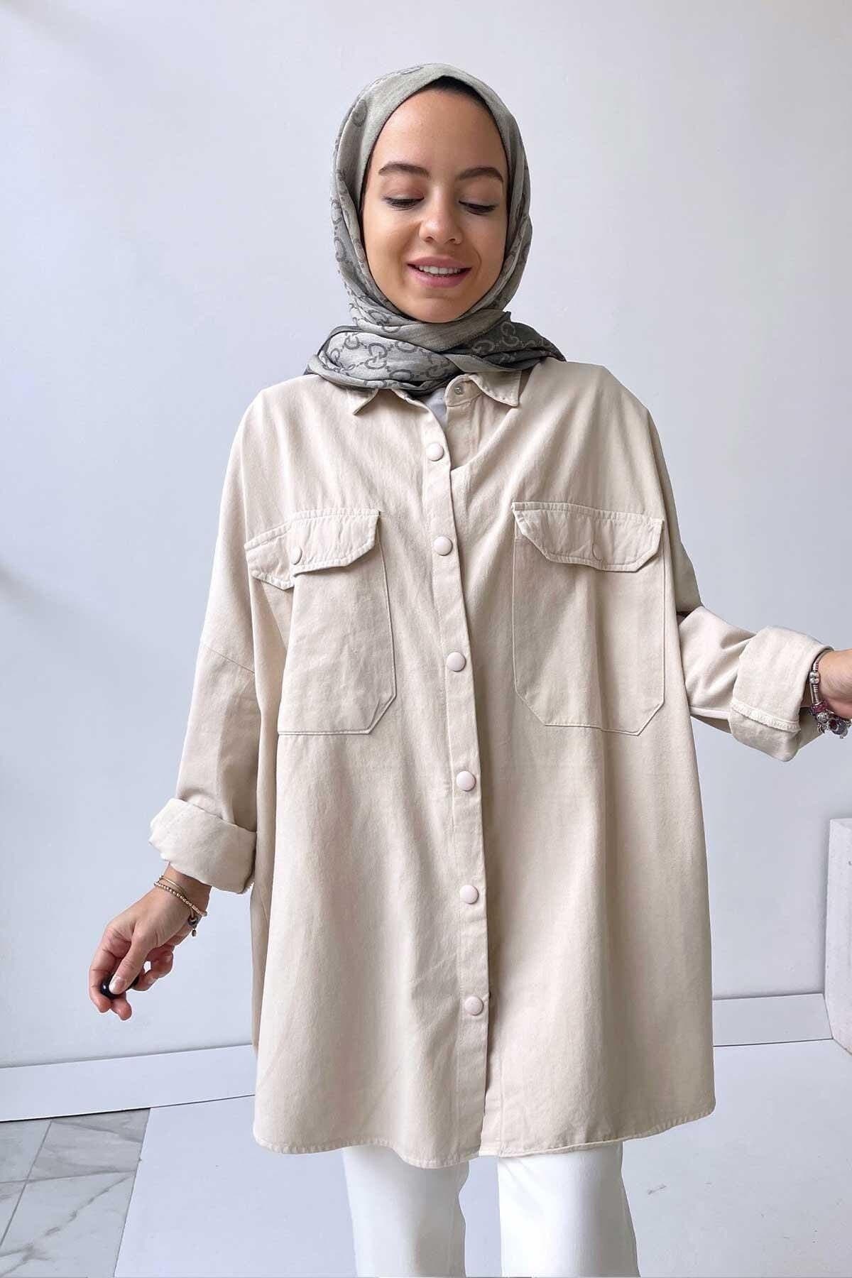 Oversized Beige Soft Shirt for Women | Relaxed Fit Casual Button-Down with Front Pockets | Trendy Modest Wear,(KH-1463)