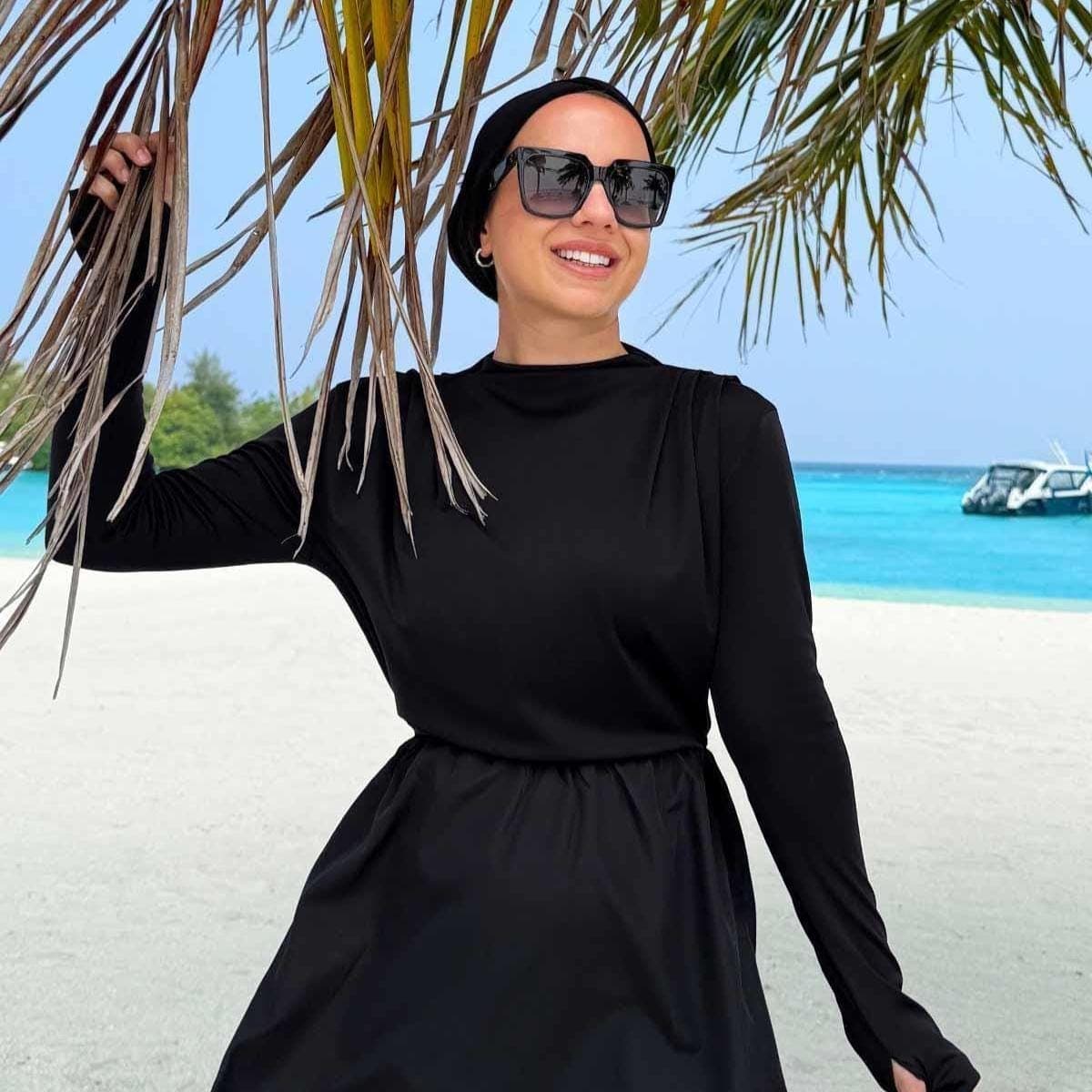 Coast 4 Piece Modest Hijab Swimsuit - Black Islamic Full Coverage Swimwear with Skirt & Sheer Cape - Quick Dry Design,(KH-2075) - image 3
