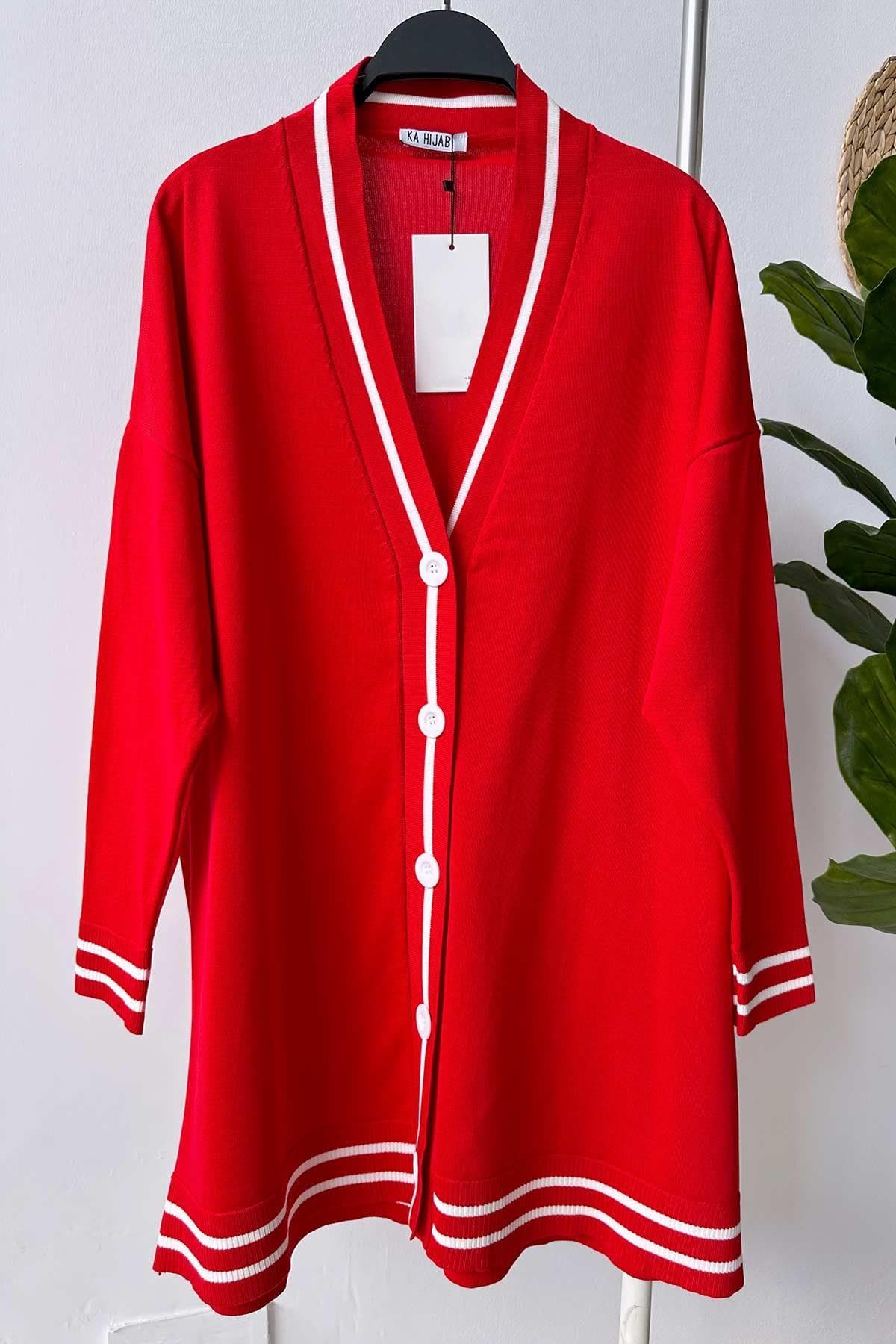Women's Red Line Detail Button-Up Mercerized Cardigan - Trendy Knitwear with Striped Accents - Perfect for Casual or Work Outfits,(KH-1824) - image 3