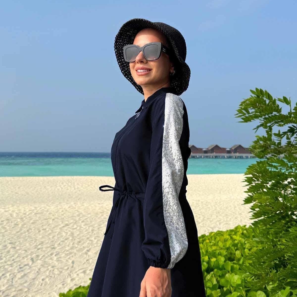 Sequin Detail Navy Blue Modest Swimsuit Set | 2-Piece Quick Dry Full Coverage Hijab Swimwear for Muslim Women | Summer Burkini,(KH-2073) - image 5