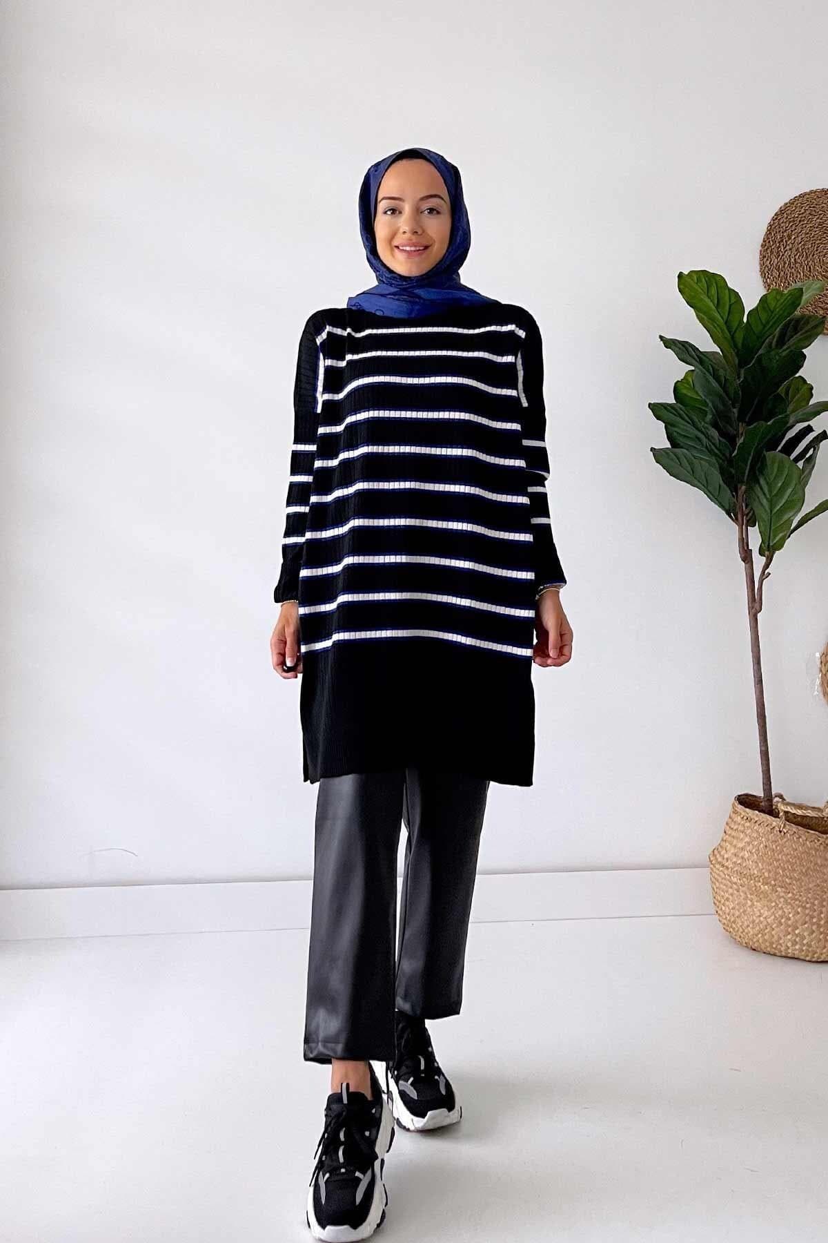 Black and Sax Blue Knitwear Tunic - Stylish Striped Long Sweater for Women, Modest and Trendy, Perfect for Everyday Casual Wear,(KH-1339) - image 4
