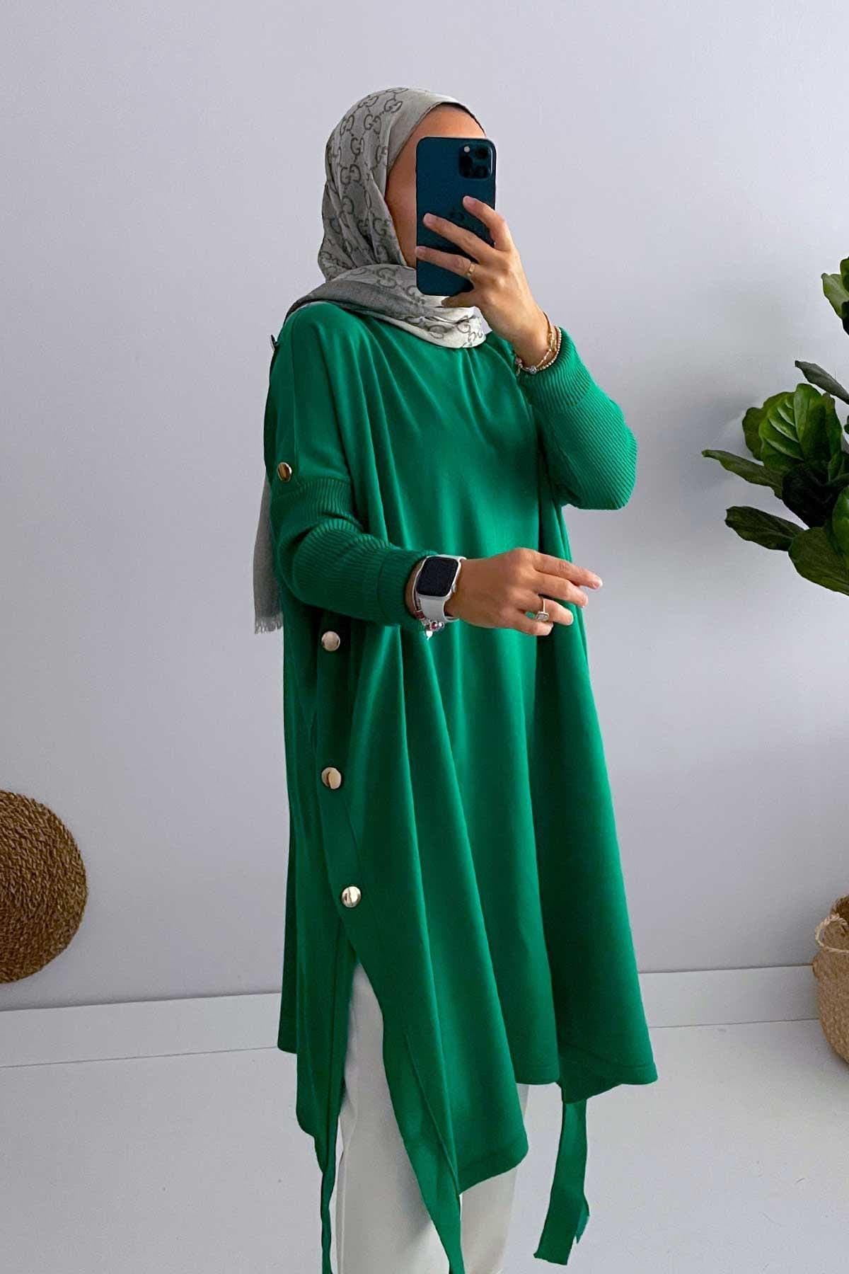 Elegant Green Poncho with Button Details, Versatile Women's Knitwear for Casual and Formal Outfits, Modest Fashion Staple,(KH-1311) - image 3