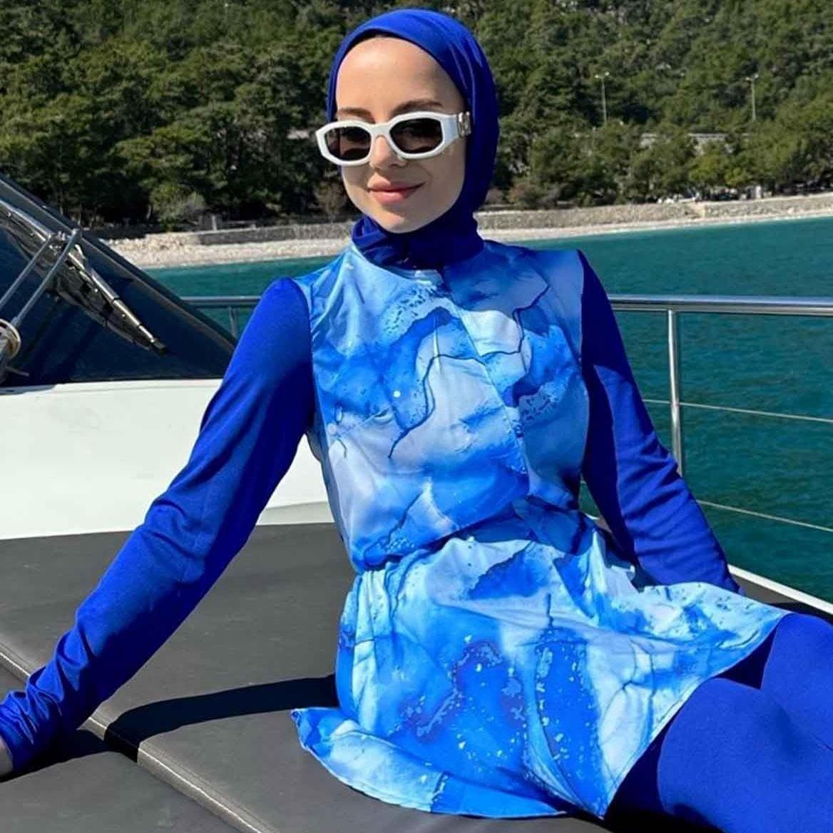 Siena Hijab Swimsuit - Modest Full-Coverage Swimwear - Quick Dry, UPF Protection, Burkini for Women, Islamic Swim Set - Blue,(KH-1952)