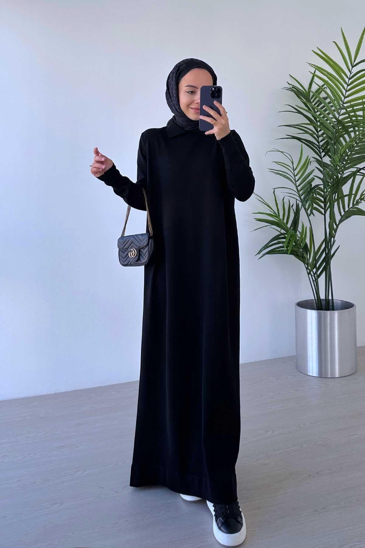 Elegant Black Shirt Collar Mercerized Dress – Modest Fashion Long Sleeve Minimal Style for Casual and Special Occasions,(KH-2011) - image 3