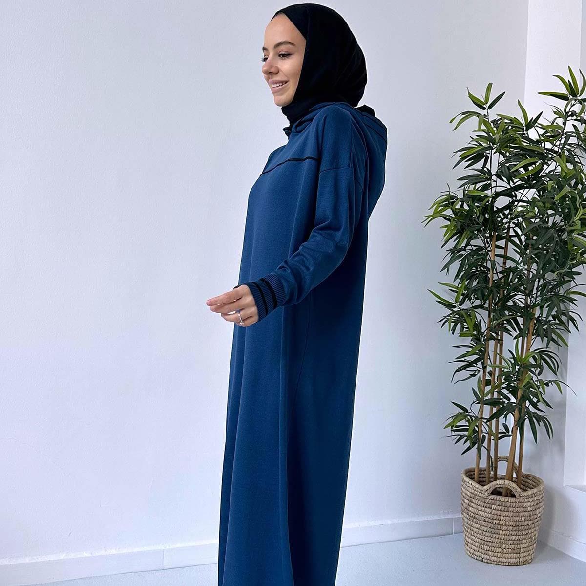 Petrol Blue Hooded Mercerized Dress - Long Modest Fashion for Women, Comfortable and Elegant Casual Wear, Hijab Friendly,(KH-1914) - image 5