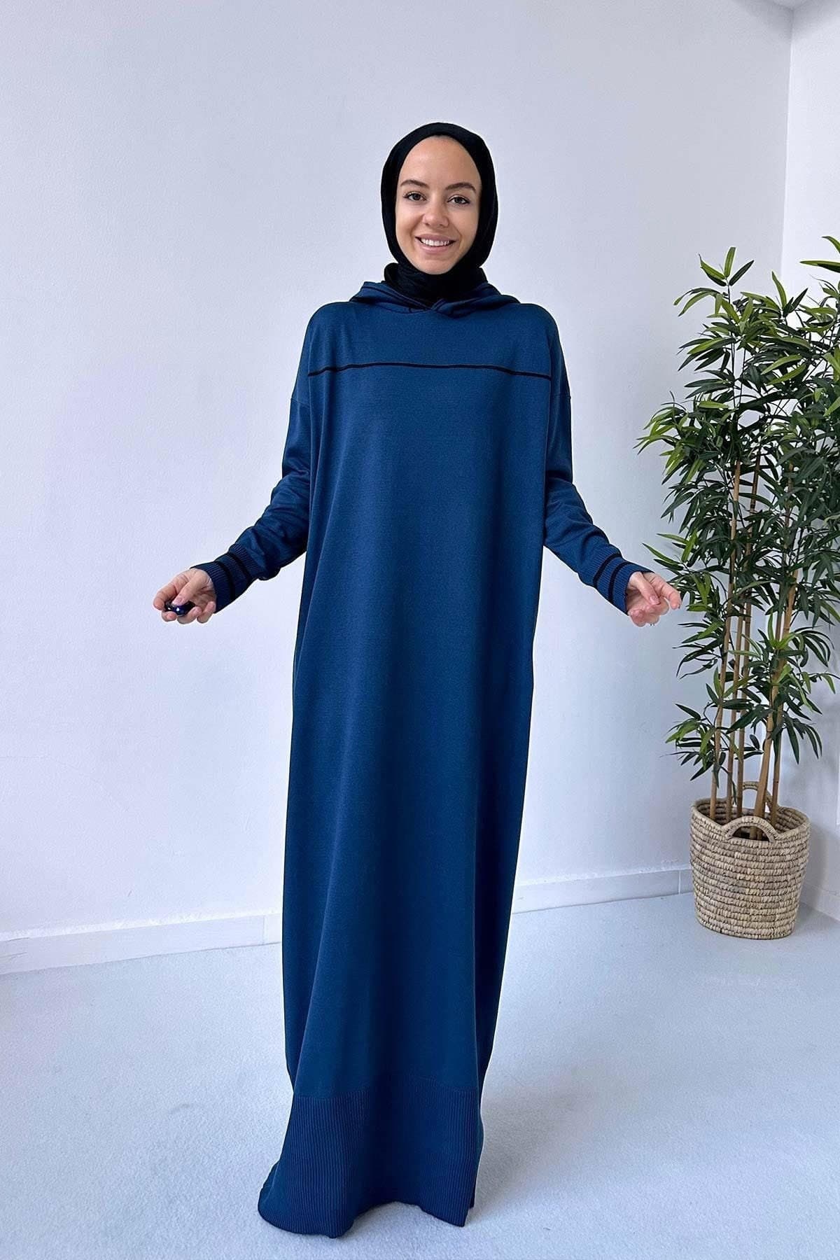 Petrol Blue Hooded Mercerized Dress - Long Modest Fashion for Women, Comfortable and Elegant Casual Wear, Hijab Friendly,(KH-1914) - image 3