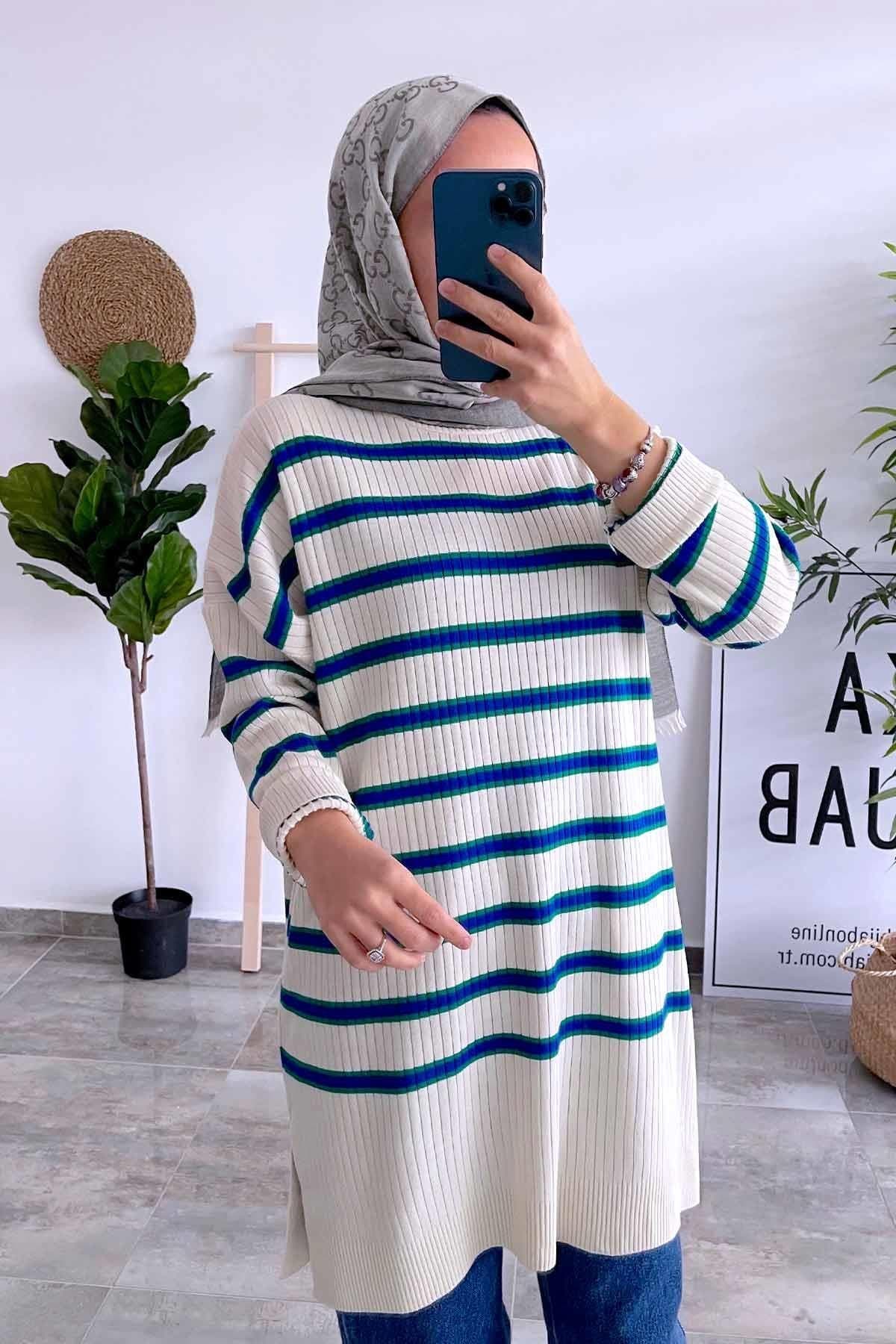 White and Blue Knitwear Tunic - Striped Longline Sweater for Women, Modest Fashion, Casual Chic, Perfect for All Seasons,(KH-1339) - image 3