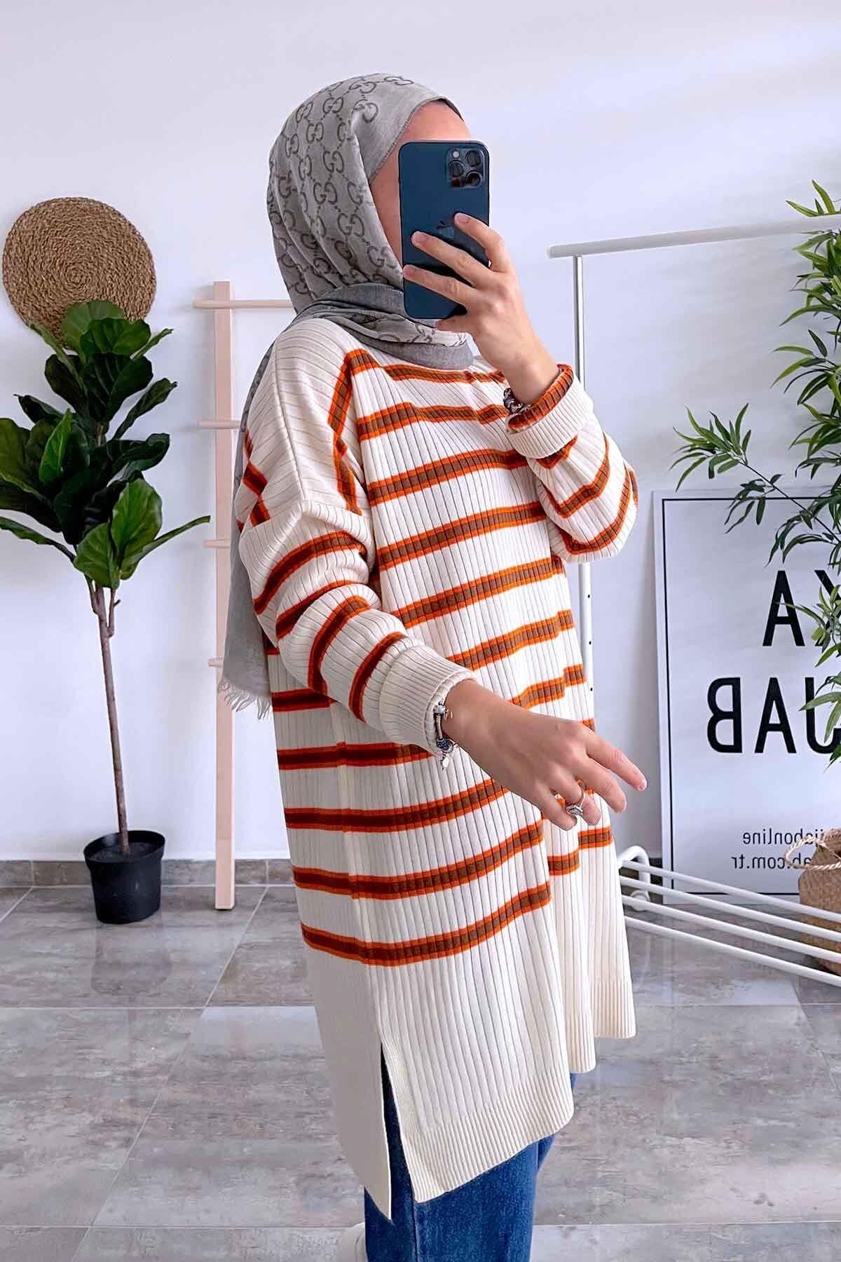 White and Orange Knitwear Tunic - Striped Modest Long Sweater for Women, Cozy and Trendy, Perfect for Casual and Layered Looks,(KH-1339) - image 3