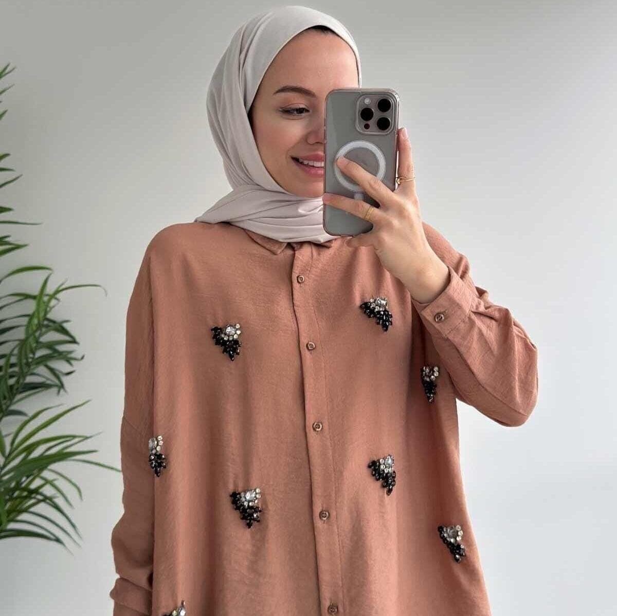 Elegant Stone Embroidered Low Sleeve Shirt | Modest Fashion Blouse | Long Sleeve Button-Up Tunic | Casual & Chic Women’s Shirt,(KH-2025)