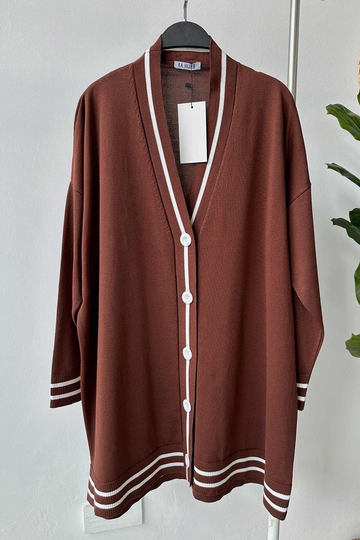 Elegant Brown Mercerized Cardigan with Line Details and Buttons, Lightweight Knitwear for Women - Modest Casual Style,(KH-1824) - image 4