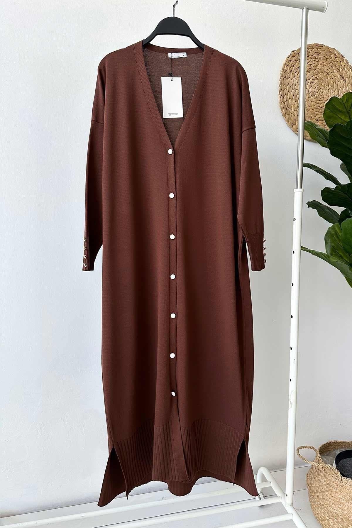 Brown Maxi Length Buttoned Mercerized Cardigan | Elegant Triko Fabric with Pearl Detail | Modest Wear for All Seasons,(KH-1804)