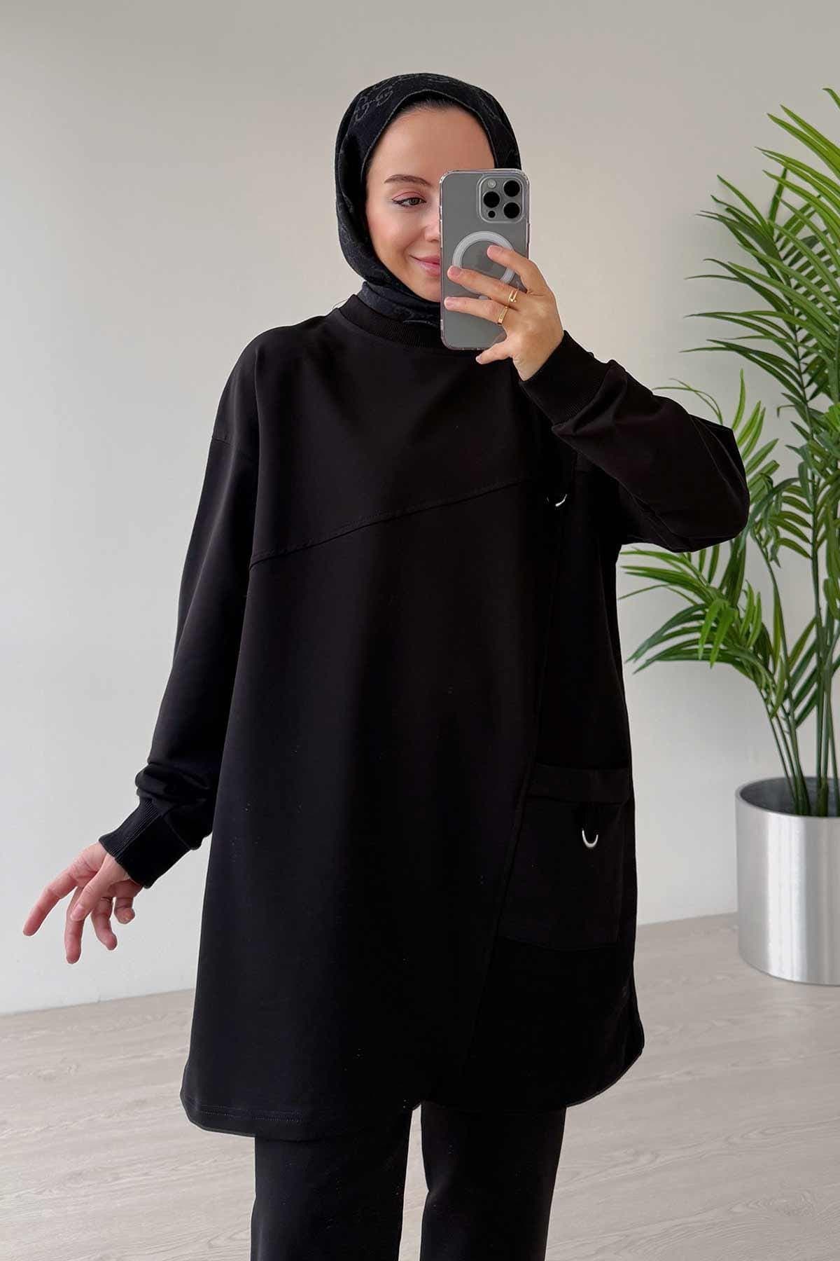 Black Crew Neck Two Yarn Suit with Single Pocket-Stylish and Comfortable Women's Outfit - Casual and Everyday Wear - S to XL Sizes,(KH-2021) - image 3