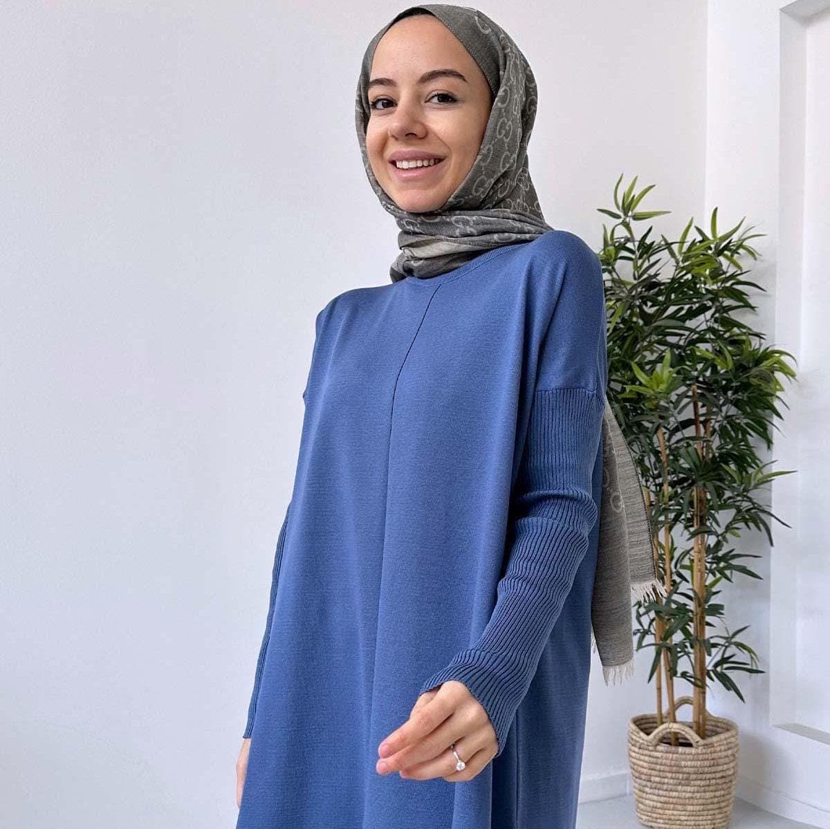 Indigo Mercerized Tunic - Women's Elegant Loose Fit Top with Side Slits, Long Sleeve, Lightweight Knit for Casual and Modest Wear,(KH-1747)