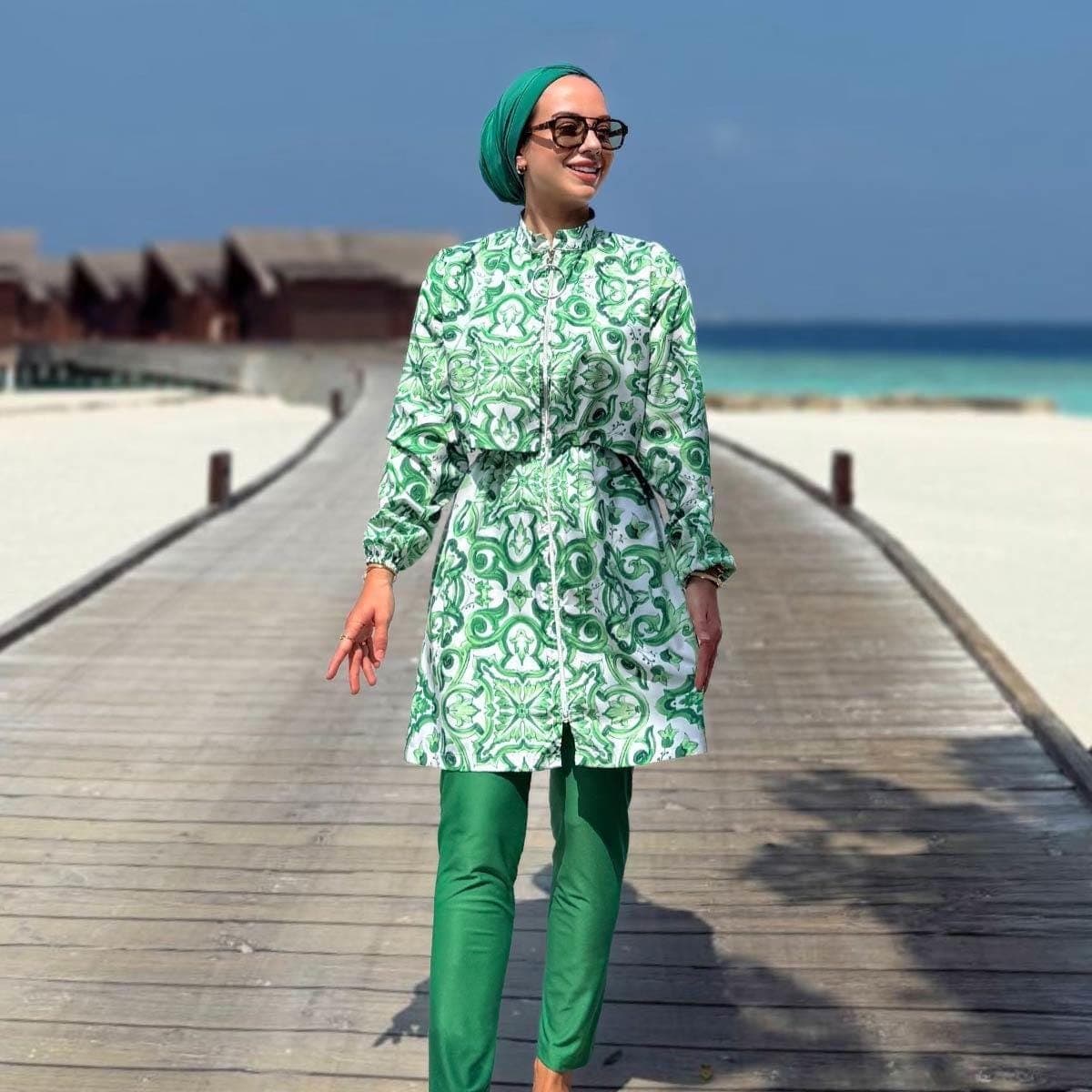 Green Patterned Modest Hijab Swimsuit for Women, Full-Cover Swimwear with Belt, Perfect for Beach and Pool Days, Quick Dry Fabric,(KH-1204) - image 4