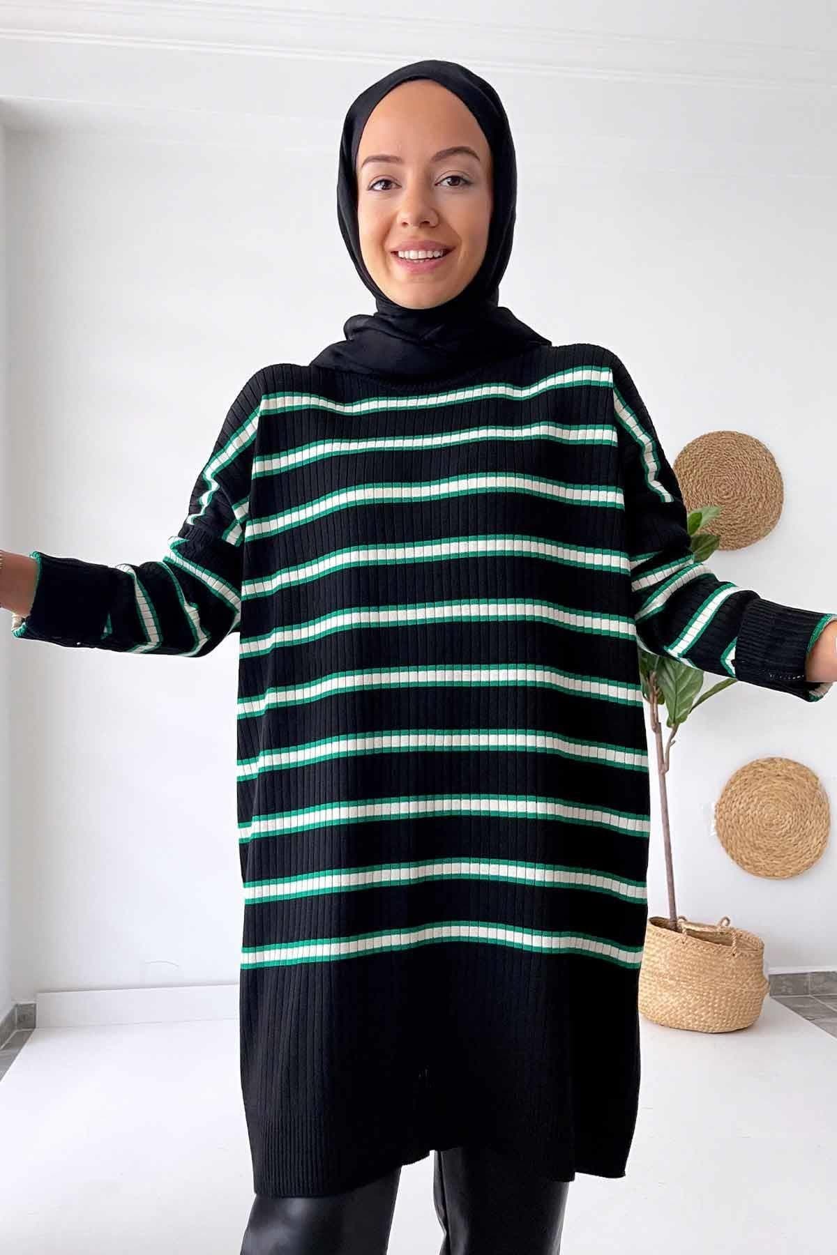 Black and Green Knitwear Tunic - Modest Striped Long Sweater for Women, Trendy and Cozy, Perfect for Casual and Everyday Wear,(KH-1339) - image 4