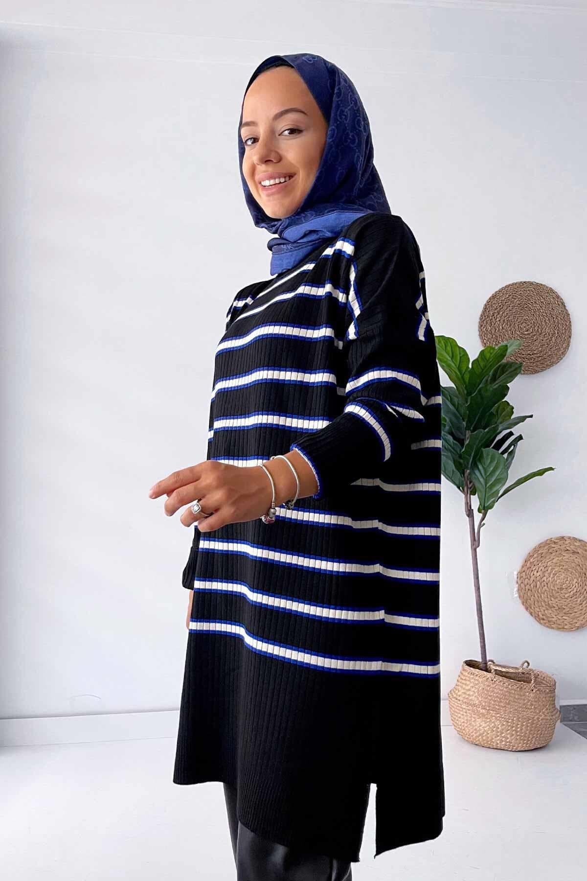 Black and Sax Blue Knitwear Tunic - Stylish Striped Long Sweater for Women, Modest and Trendy, Perfect for Everyday Casual Wear,(KH-1339)