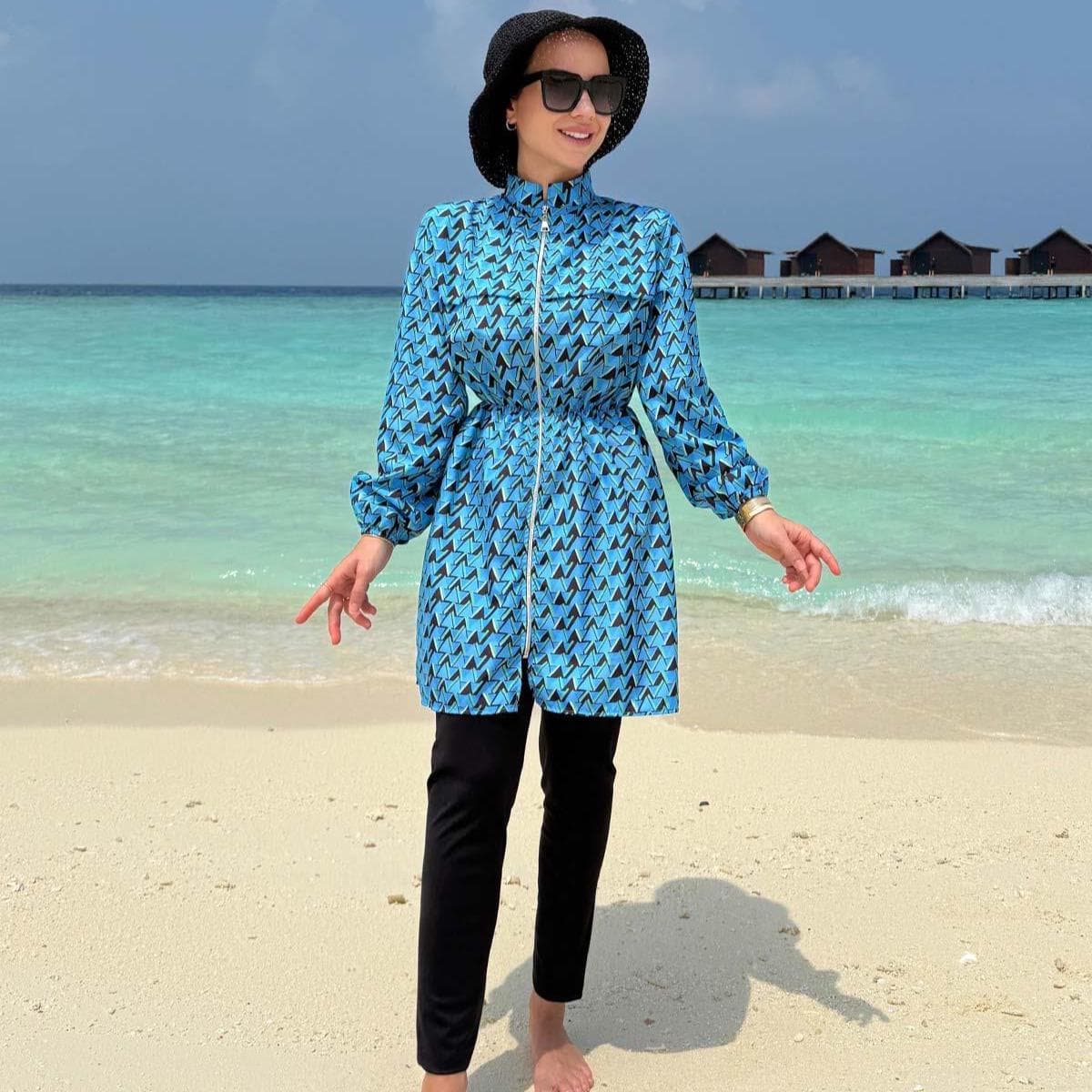 Valen 2-Piece Modest Swimwear Set – Blue Pattern, Full Coverage, Quick Dry, Hijab Friendly, Elegant Islamic Swimsuit,(KH-2078) - image 4