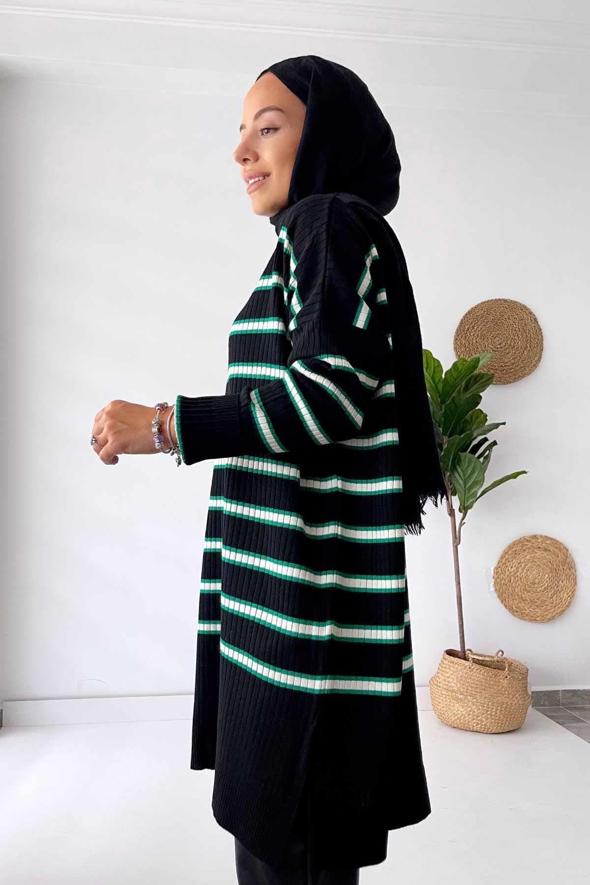 Black and Green Knitwear Tunic - Modest Striped Long Sweater for Women, Trendy and Cozy, Perfect for Casual and Everyday Wear,(KH-1339) - image 3