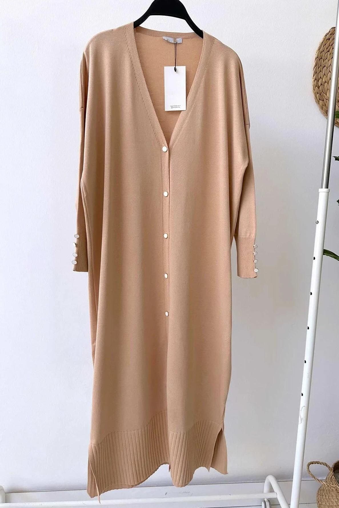Elegant Cappuccino Maxi Length Buttoned Cardigan, Lightweight Mercerized Fabric, Longline Knitwear for Women, Fall-Spring Style,(KH-1804)