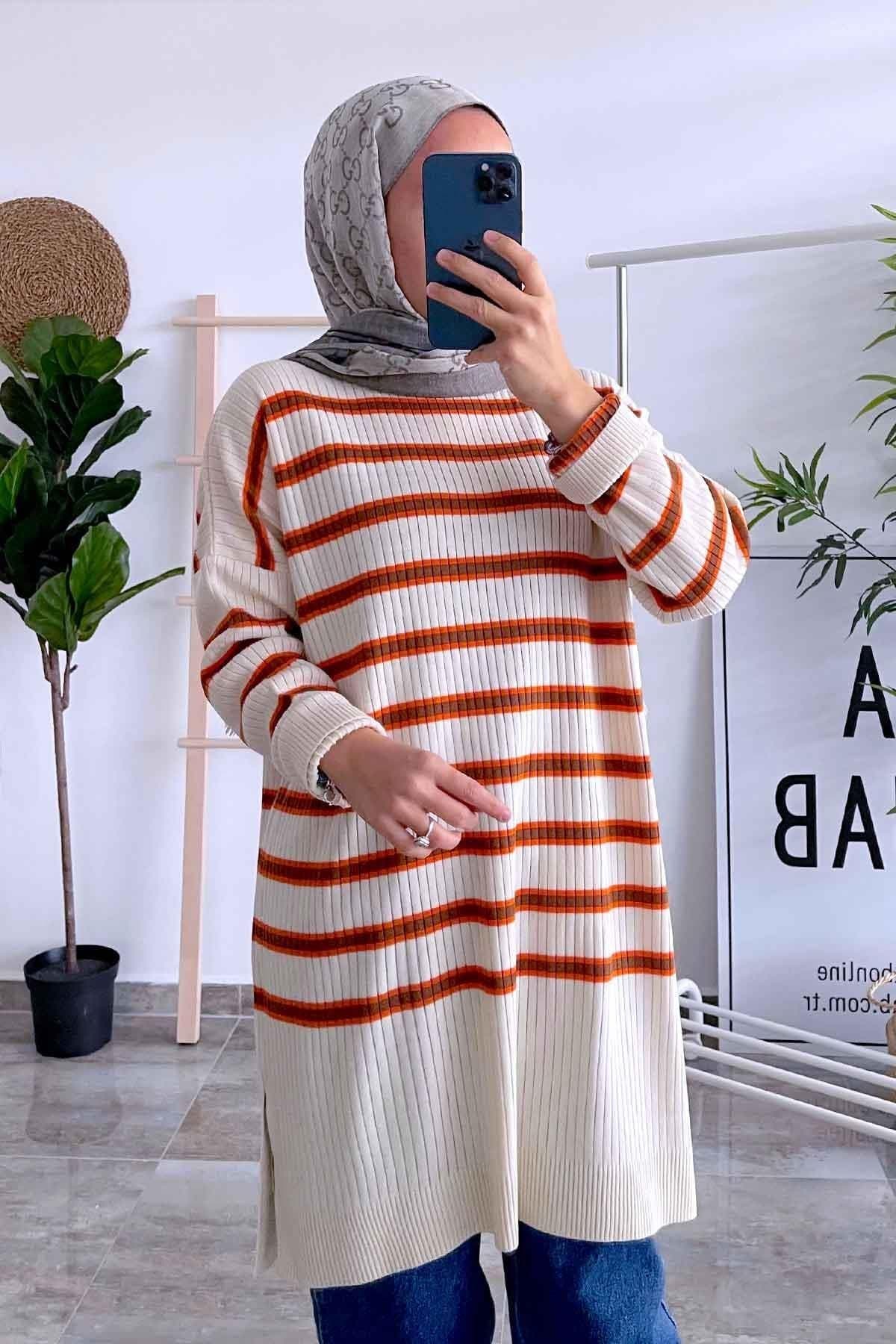 White and Orange Knitwear Tunic - Striped Modest Long Sweater for Women, Cozy and Trendy, Perfect for Casual and Layered Looks,(KH-1339) - image 4