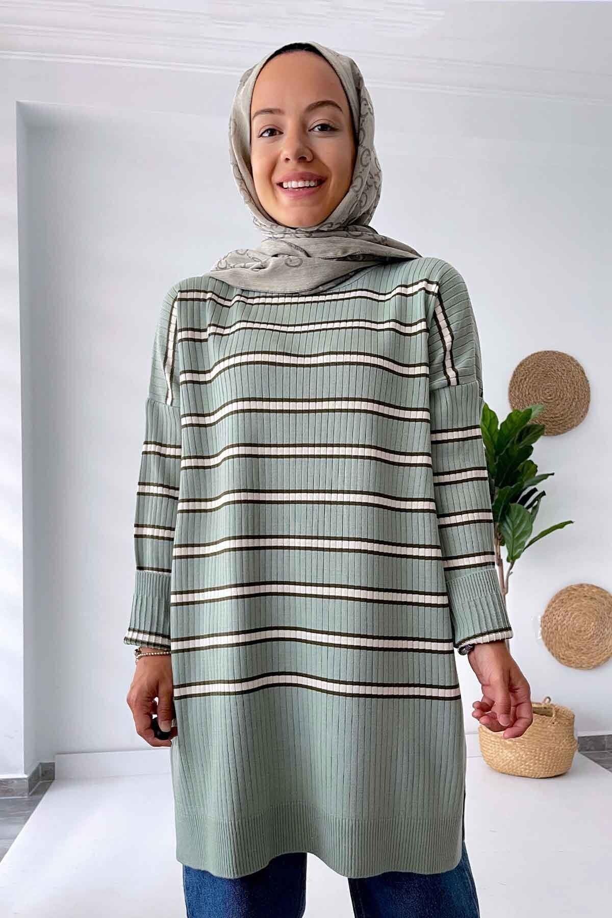 Green Knitwear Tunic - Stylish Striped Long Sweater for Women, Trendy and Comfortable, Perfect for Casual and Everyday Wear,(KH-1339) - image 3