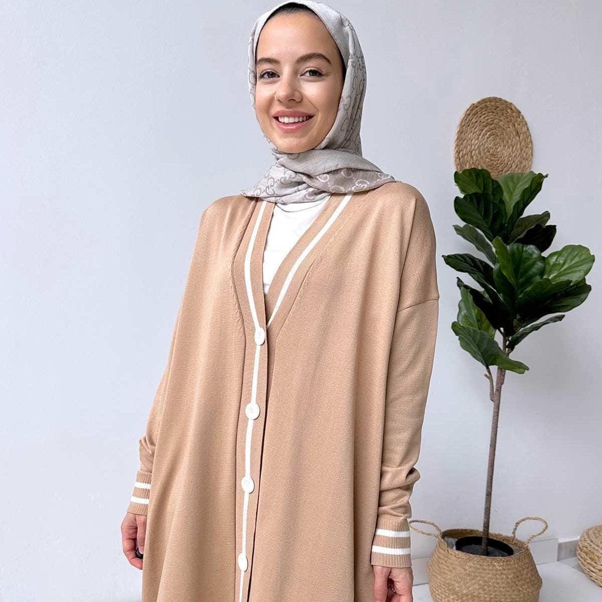 Elegant Line Detail Button Mercerized Cardigan - Cappuccino | Lightweight Knitwear for Everyday Modest Fashion | Casual & Chic,(KH-1824)