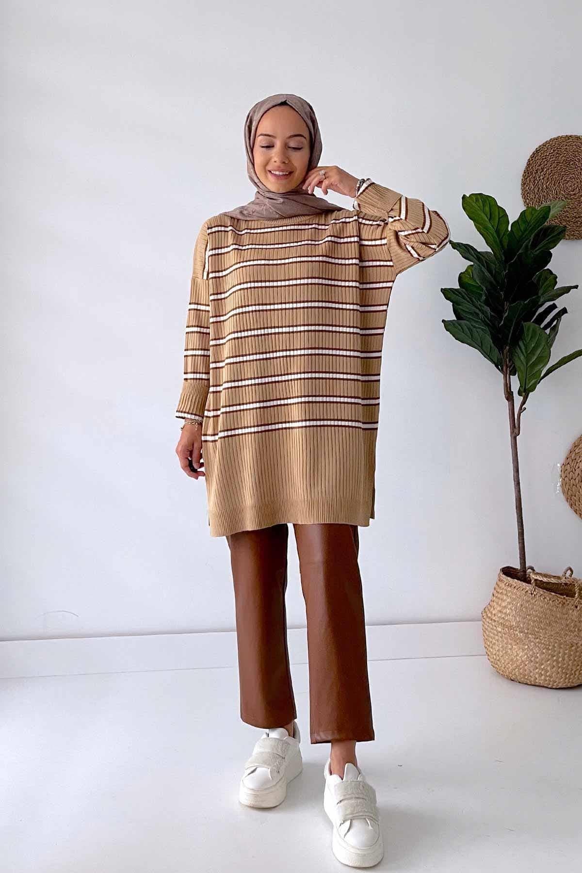 White and Beige Knitwear Tunic - Modest Striped Long Sweater for Women, Stylish and Comfortable, Perfect for Everyday Casual Wear(KH-1339) - image 4