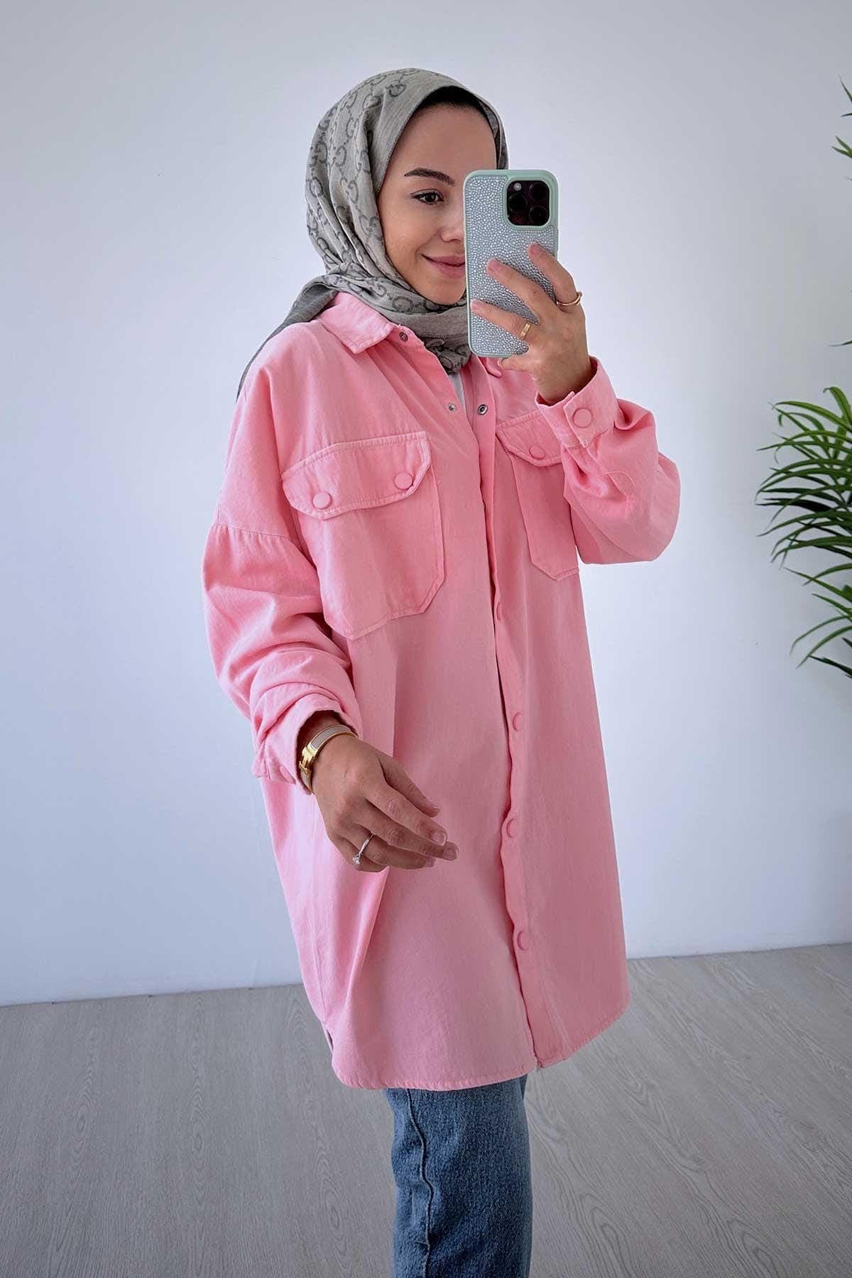 Soft Pink Oversized Shirt for Women, Gabardine Fabric, Modest Wear, Long Sleeve Button-Up, Casual Style, Size 36-44,(KH-1463) - image 5