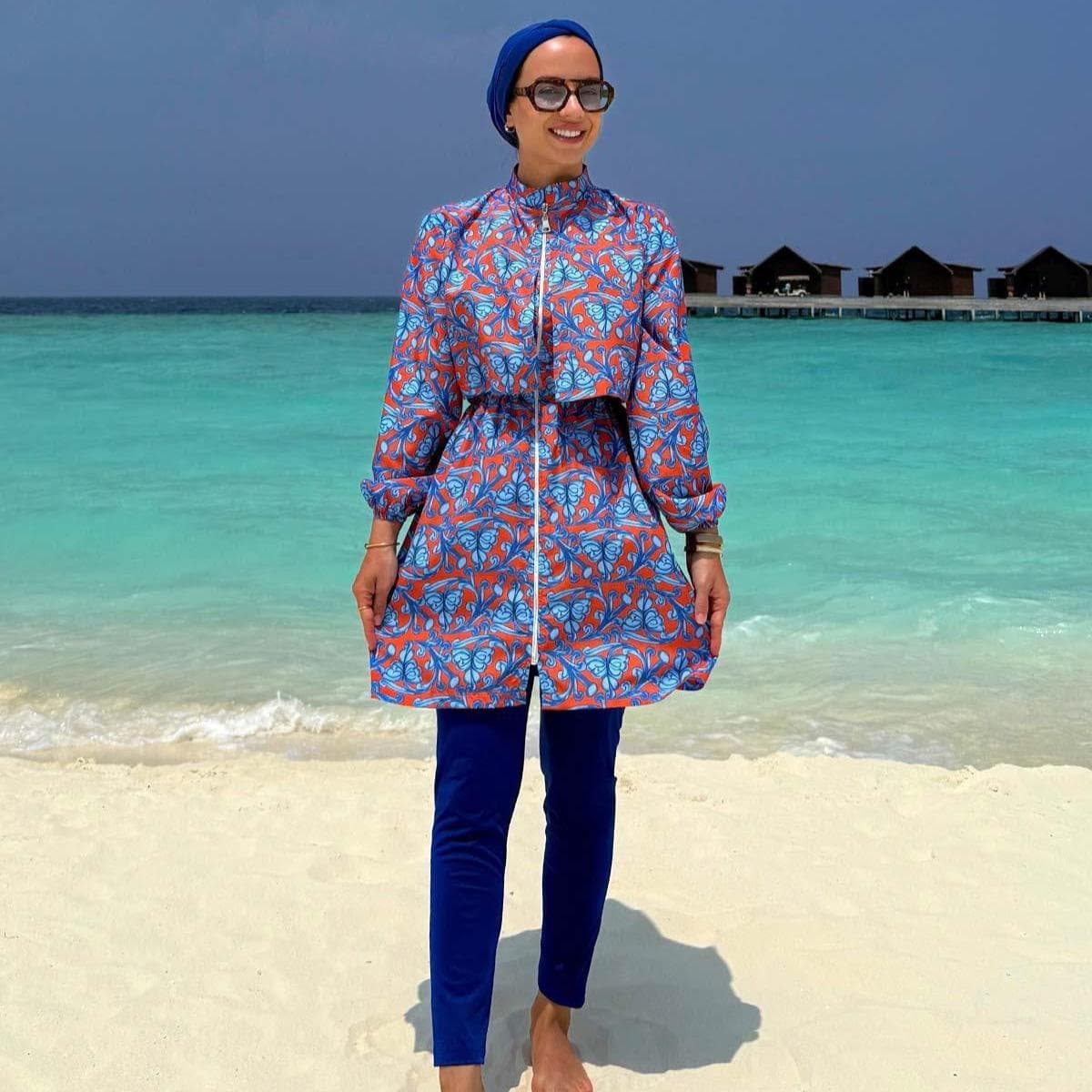Modest Swimsuit for Women in Saxe Blue – Fast-Drying, Lightweight, Full Coverage Islamic Swimwear with Printed Zip-Up Tunic,(KH-2066) - image 3