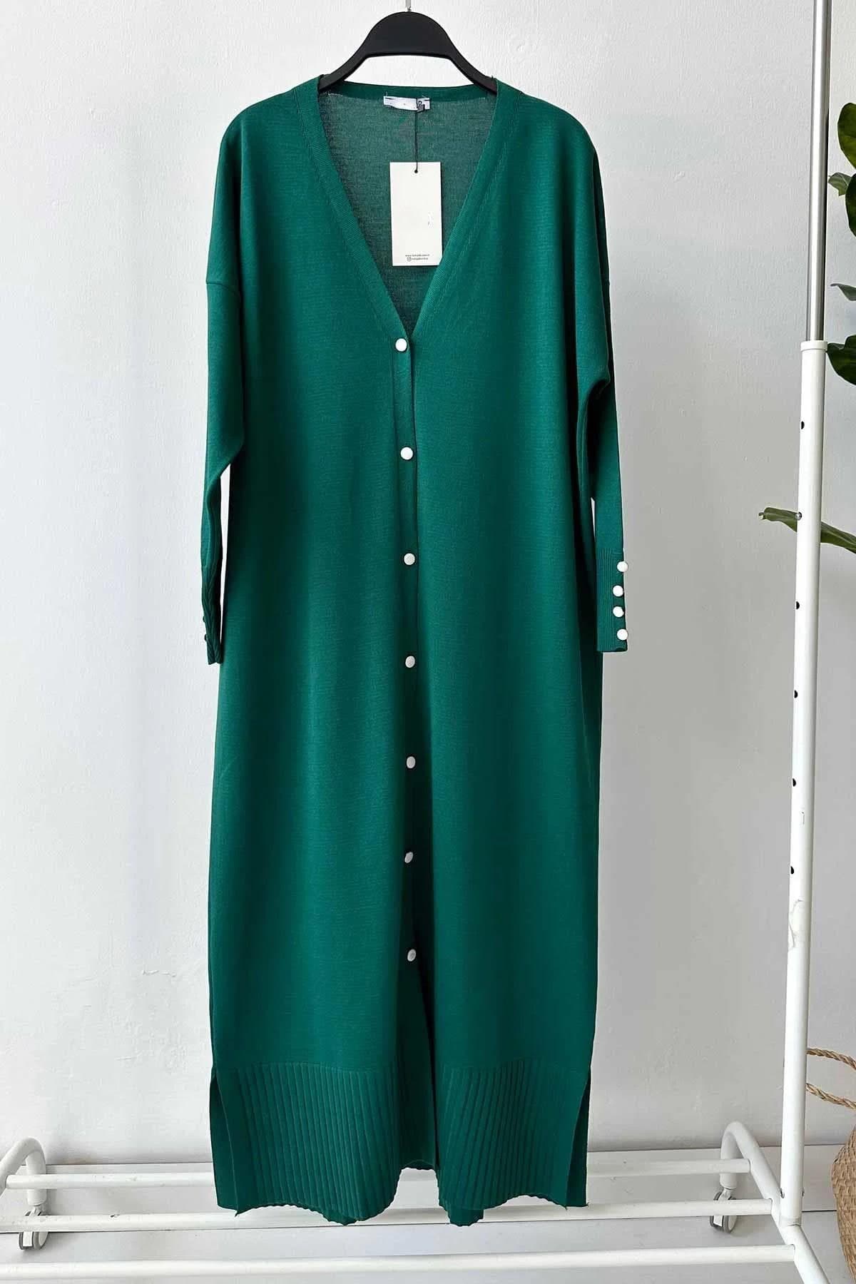 Emerald Green Maxi Length Buttoned Mercerized Cardigan - Modest Fashion, Elegant Layering, Versatile and Comfortable Knitwear,(KH-1804) - image 3