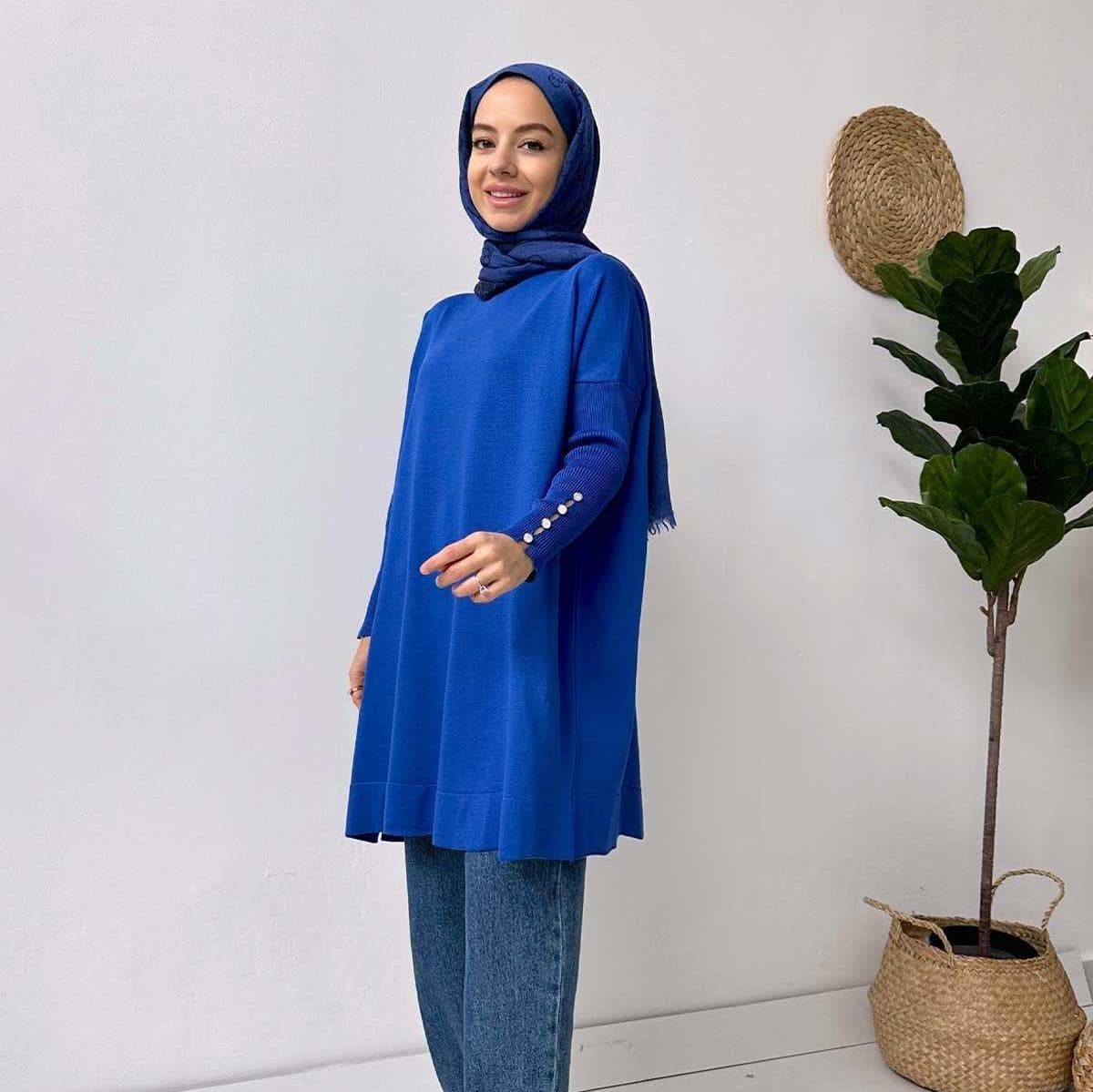 Stylish Sax Blue Mercerized Tunic with Sleeve Detail - Elegant and Comfortable Modest Fashion for Women,(KH-1795) - image 5