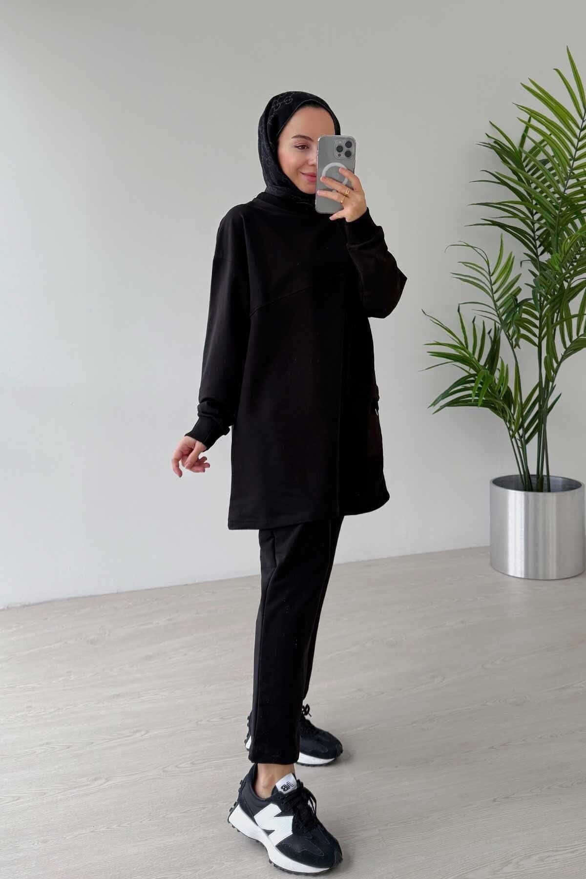 Black Crew Neck Two Yarn Suit with Single Pocket-Stylish and Comfortable Women's Outfit - Casual and Everyday Wear - S to XL Sizes,(KH-2021)