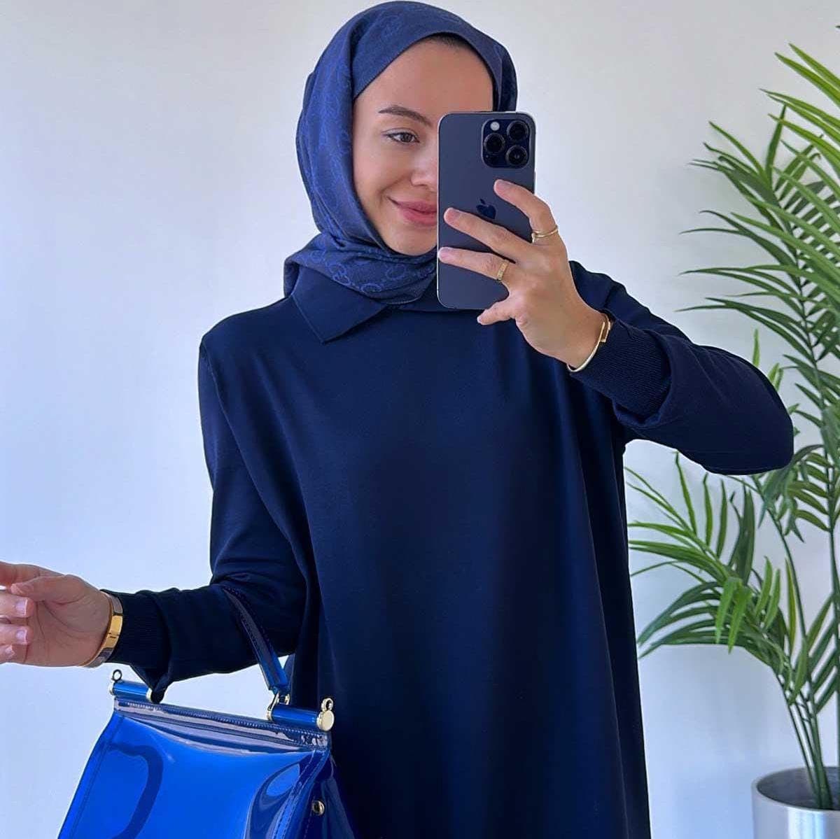 Elegant Shirt Collar Mercerized Dress – Navy Blue Modest Wear, Long Sleeve, Comfortable Daily Outfit, Available in Sizes 36-42,(KH-2011)