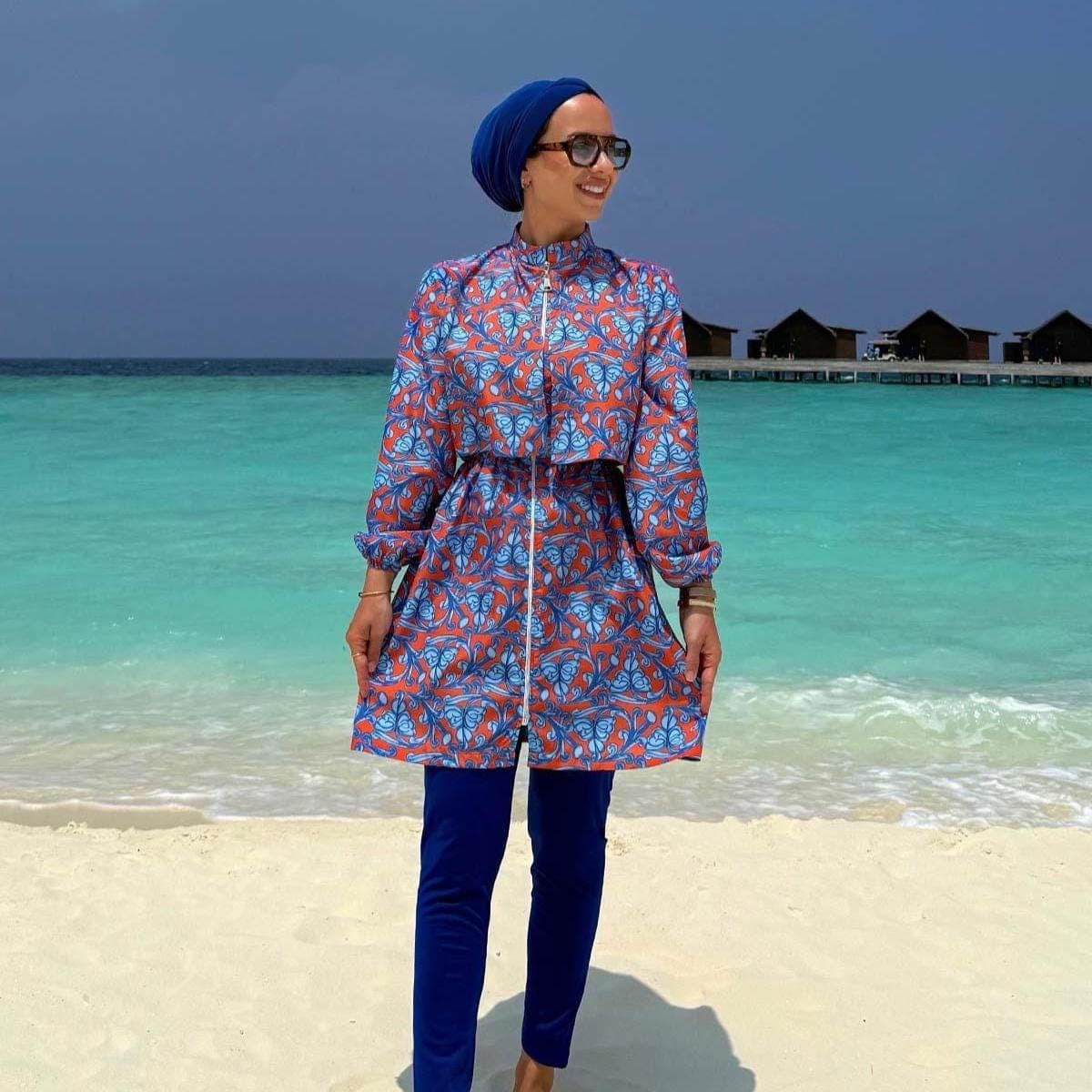 Modest Swimsuit for Women in Saxe Blue – Fast-Drying, Lightweight, Full Coverage Islamic Swimwear with Printed Zip-Up Tunic,(KH-2066) - image 5