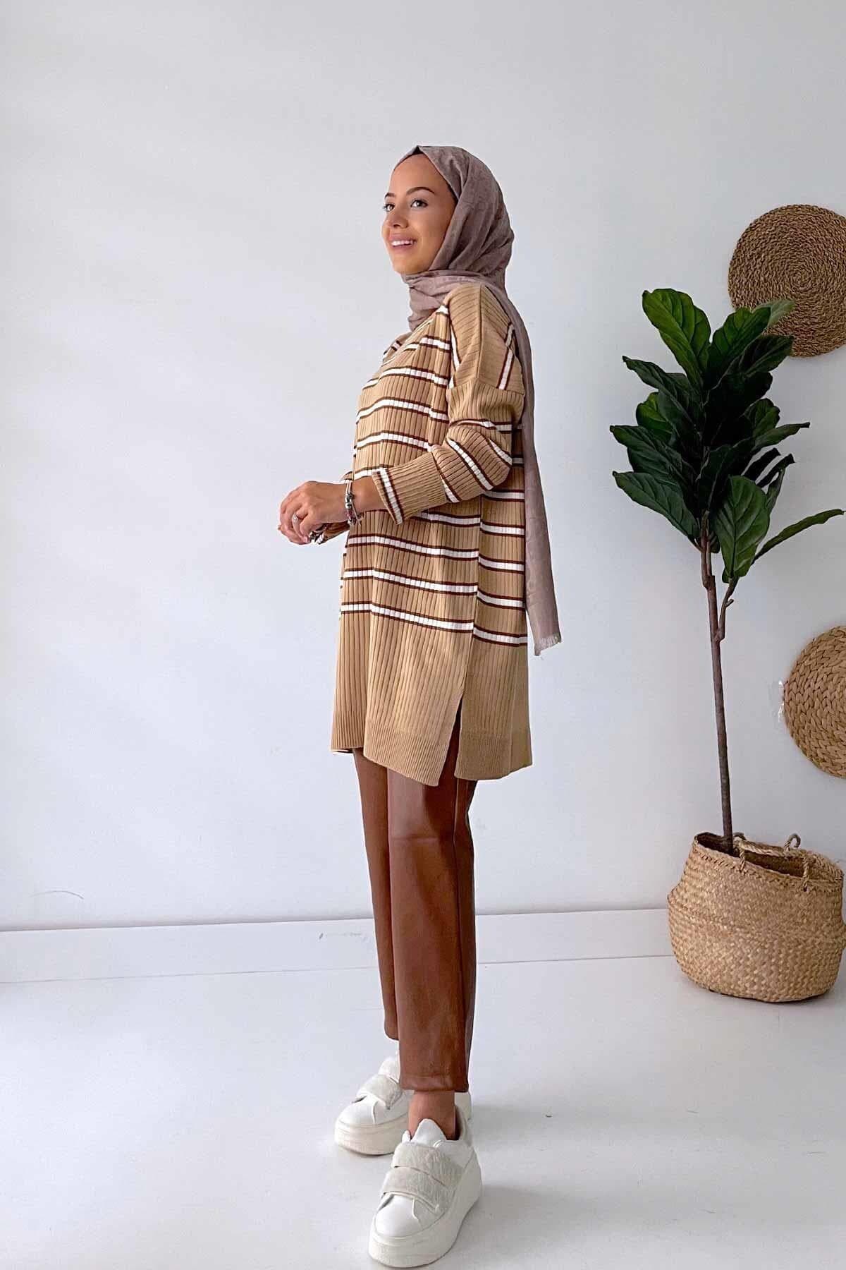 White and Beige Knitwear Tunic - Modest Striped Long Sweater for Women, Stylish and Comfortable, Perfect for Everyday Casual Wear(KH-1339) - image 3