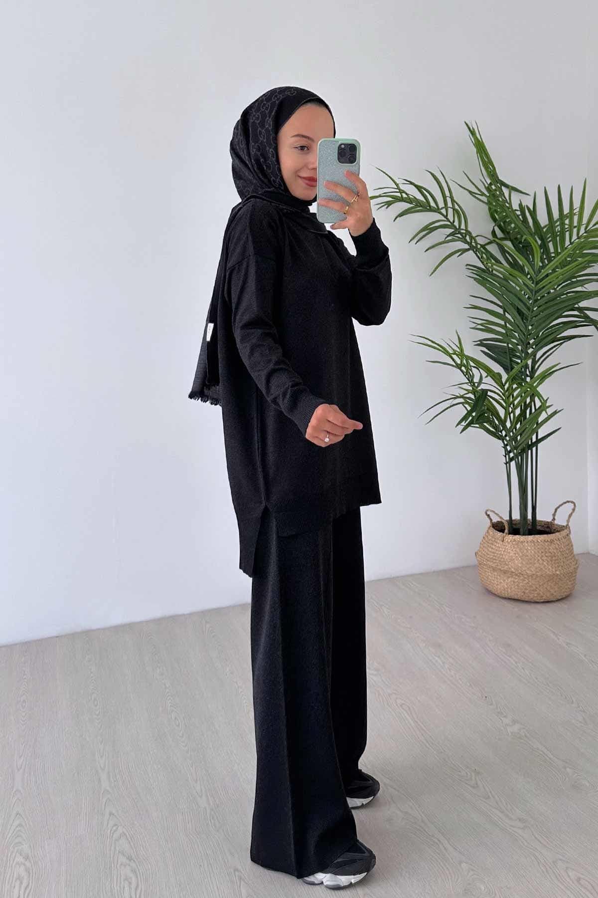 Black Sparkling Mercerized Suit for Women – Elegant Two-Piece Knitwear Set with Oversized Top and Wide-Leg Pants,(KH-1241) - image 4